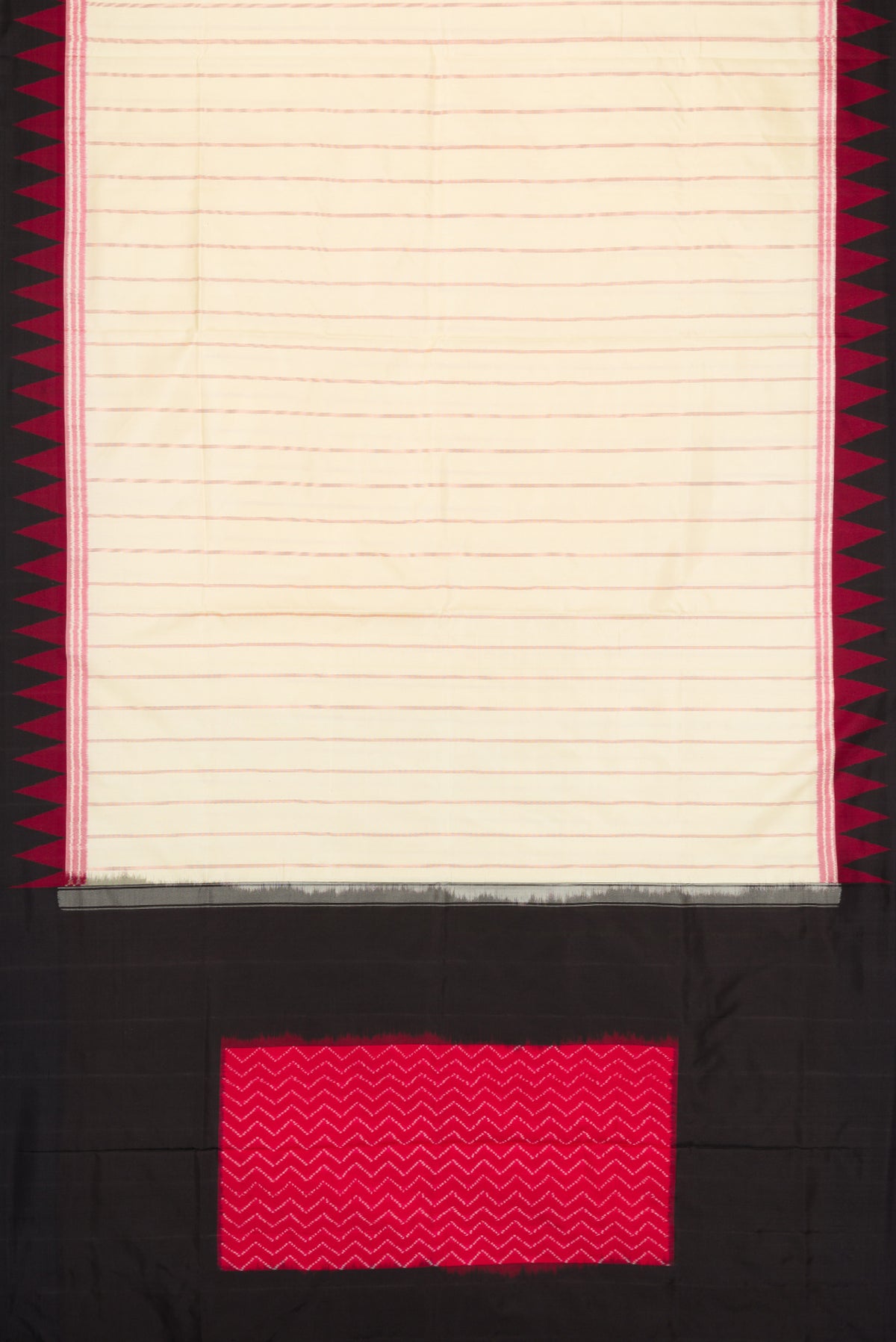 Flat view of Sandal Dual Tone Double Ikat Saree with Stripes on the body and Ikat Border. 