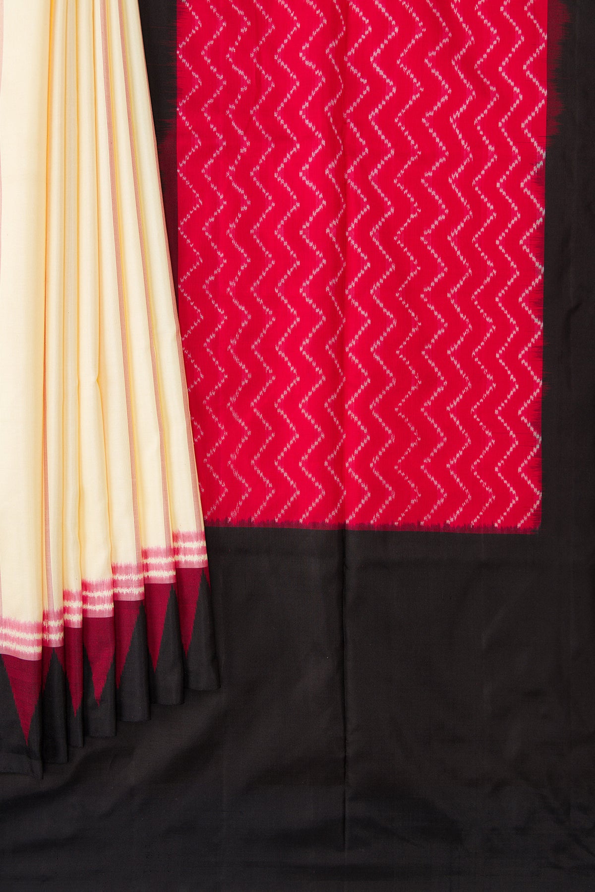 Pleats and pallu of Sandal Dual Tone Double Ikat Saree with Stripes on the body and Ikat Border. 