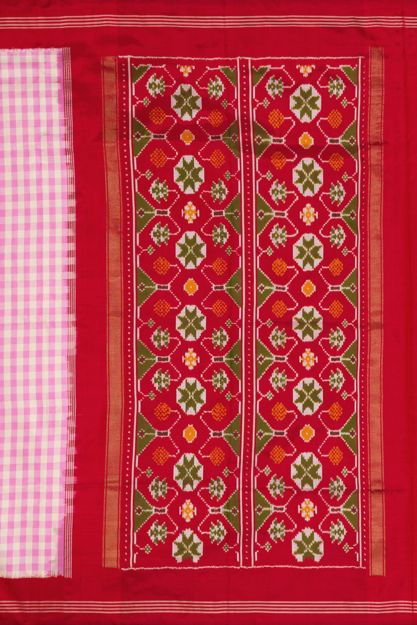Close up image of the pallu of Pure Silk Pure Zari Pink Dual Tone Double Ikat Saree with Checked design on the body and Thread Border. 