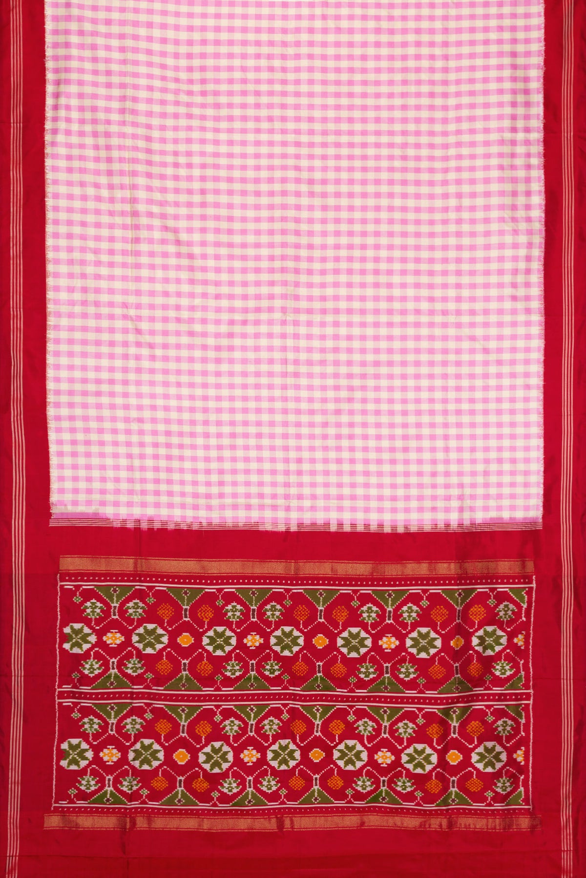 Flat view of Pure Silk Pure Zari Pink Dual Tone Double Ikat Saree with Checked design on the body and Thread Border. 