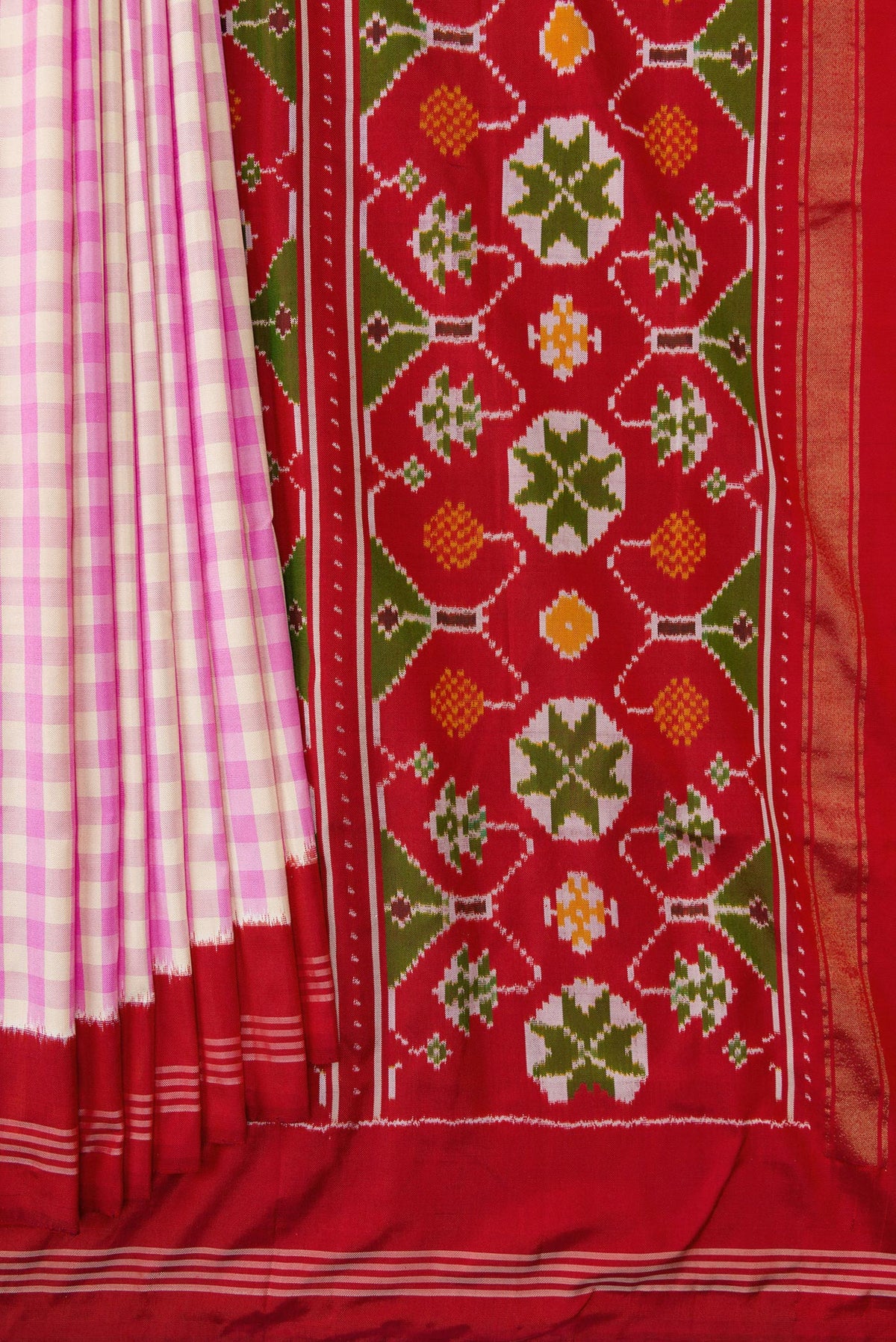 Pleats and pallu of Pure Silk Pure Zari Pink Dual Tone Double Ikat Saree with Checked design on the body and Thread Border. 