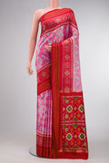 Pink Dual Tone Double Ikat Saree with Ikat Print on the body and Ikat Border.  displayed on a mannequin