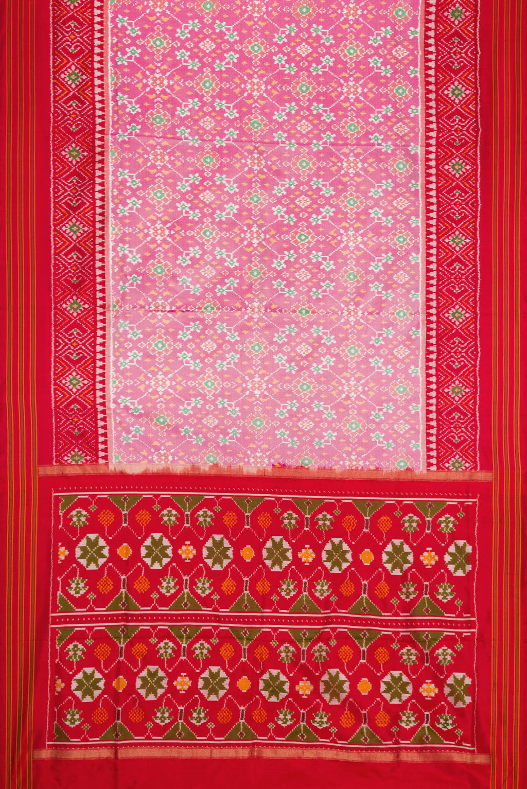 Flat view of Pink Dual Tone Double Ikat Saree with Ikat Print on the body and Ikat Border. 