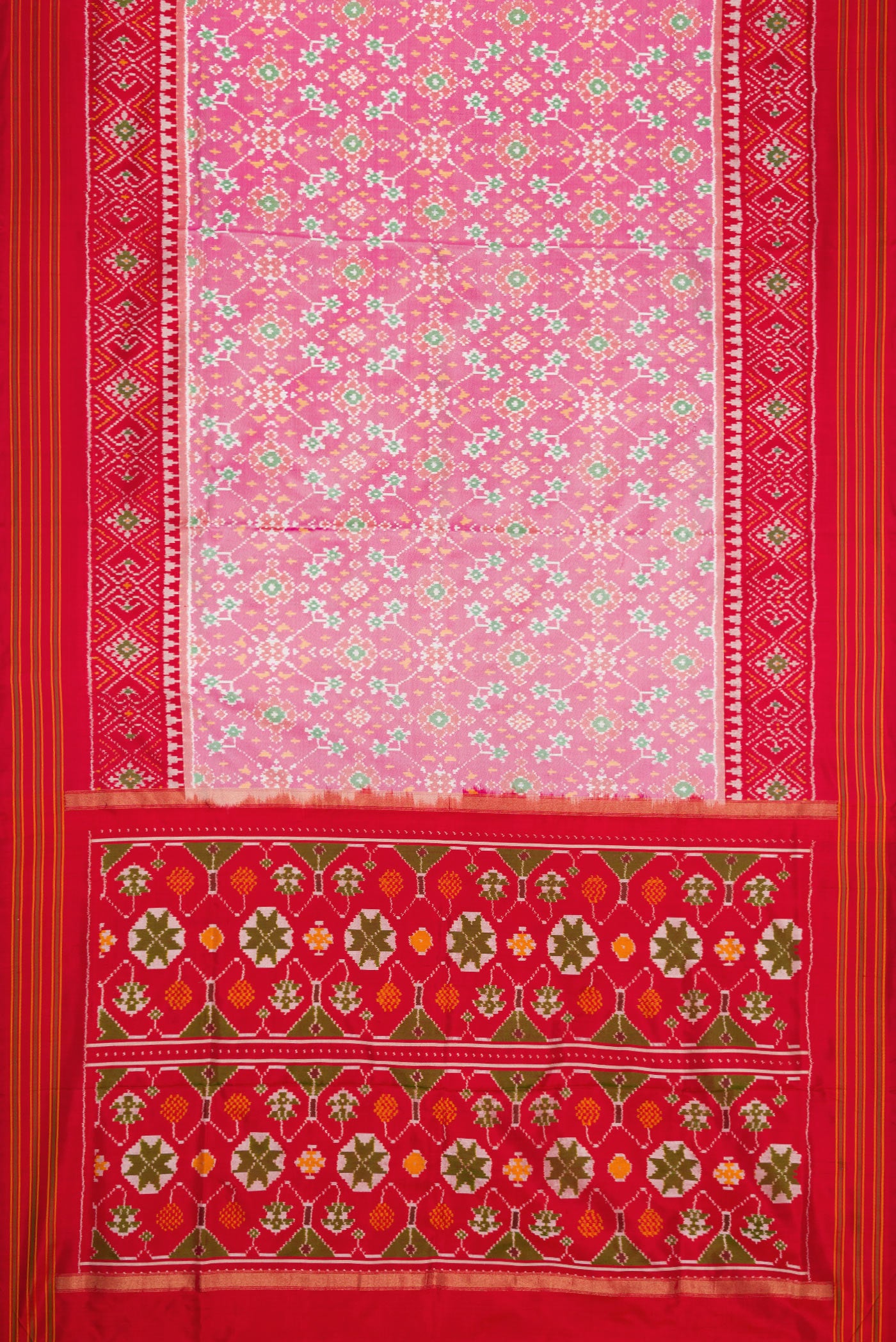 Flat view of Pink Dual Tone Double Ikat Saree with Ikat Print on the body and Ikat Border. 