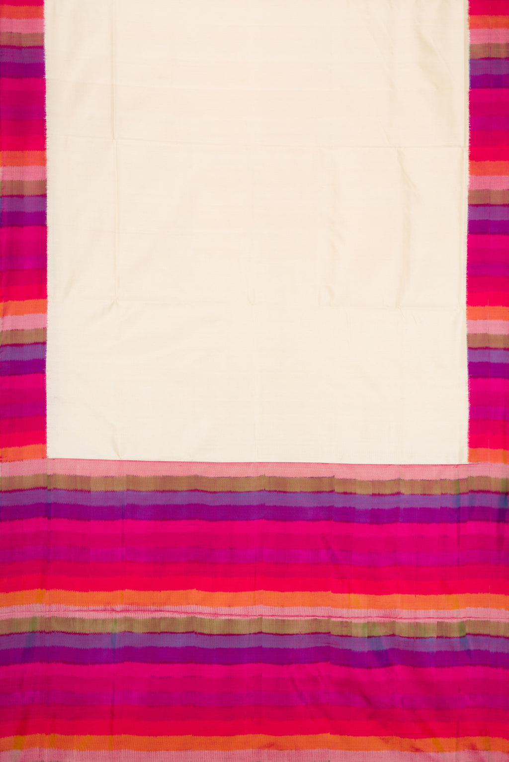 Flat view of Off White Dual Tone Double Ikat Saree with Plain Body and Ikat Border. 