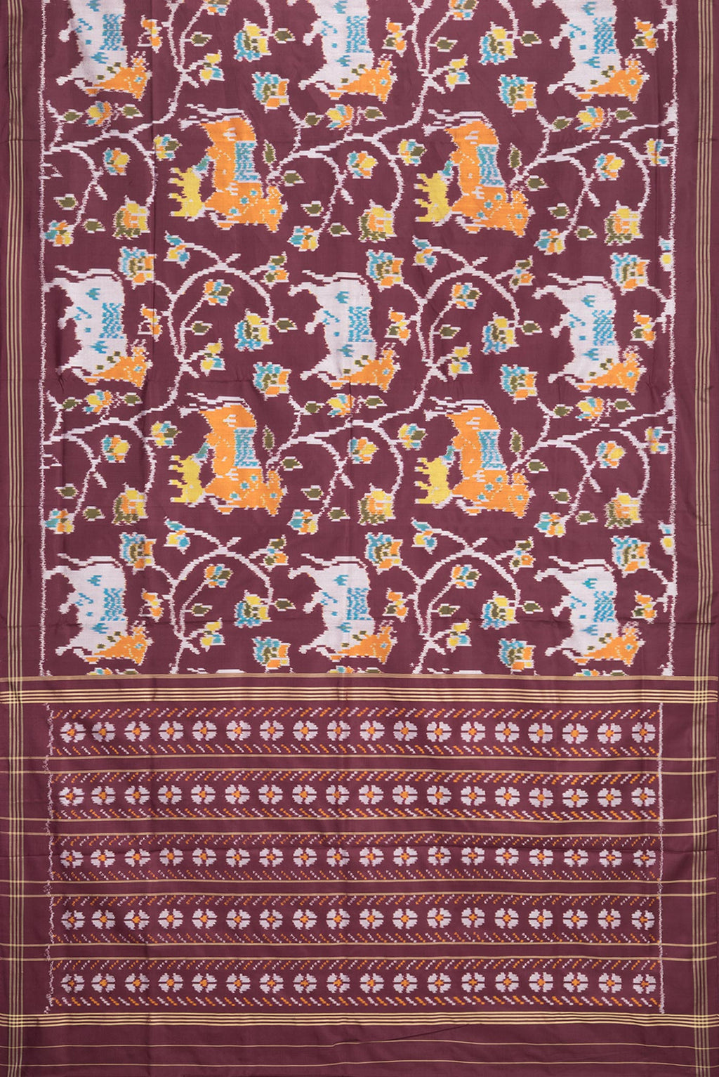 Flat view of Pure Silk Maroon Pochampally Saree with Ikat design on the body and Thread Border. 