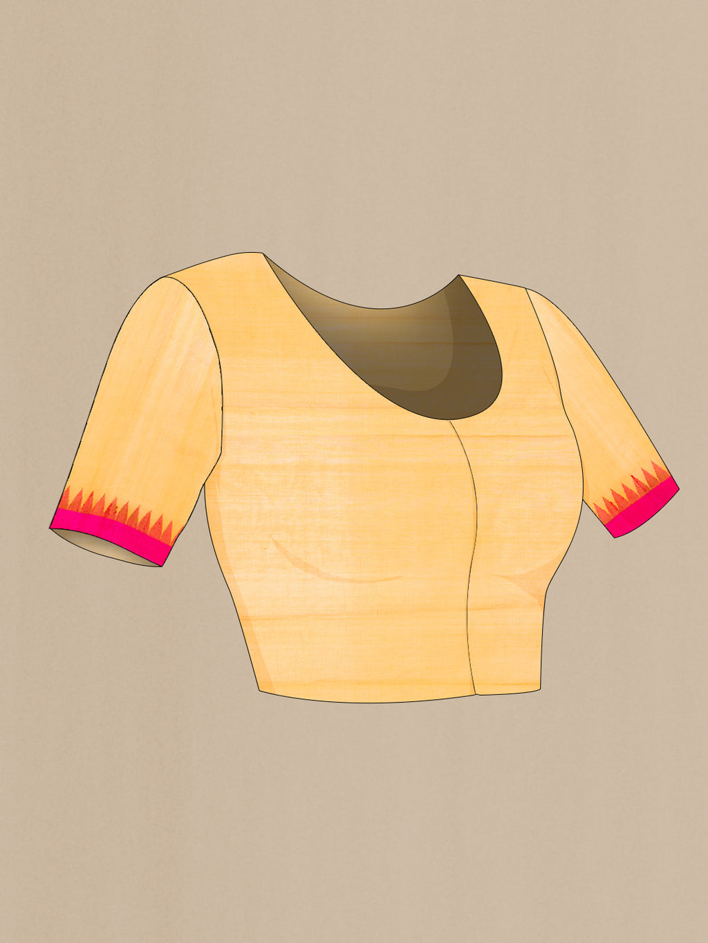 Close up image of the blouse of Mustard Dual Tone Kota Cotton Saree with Plain Body and Temple Border. 
