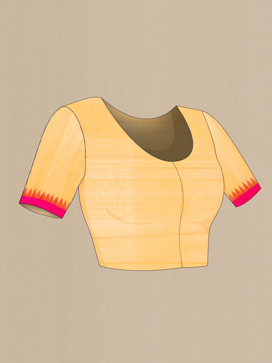 Close up image of the blouse of Mustard Dual Tone Kota Cotton Saree with Plain Body and Temple Border. 
