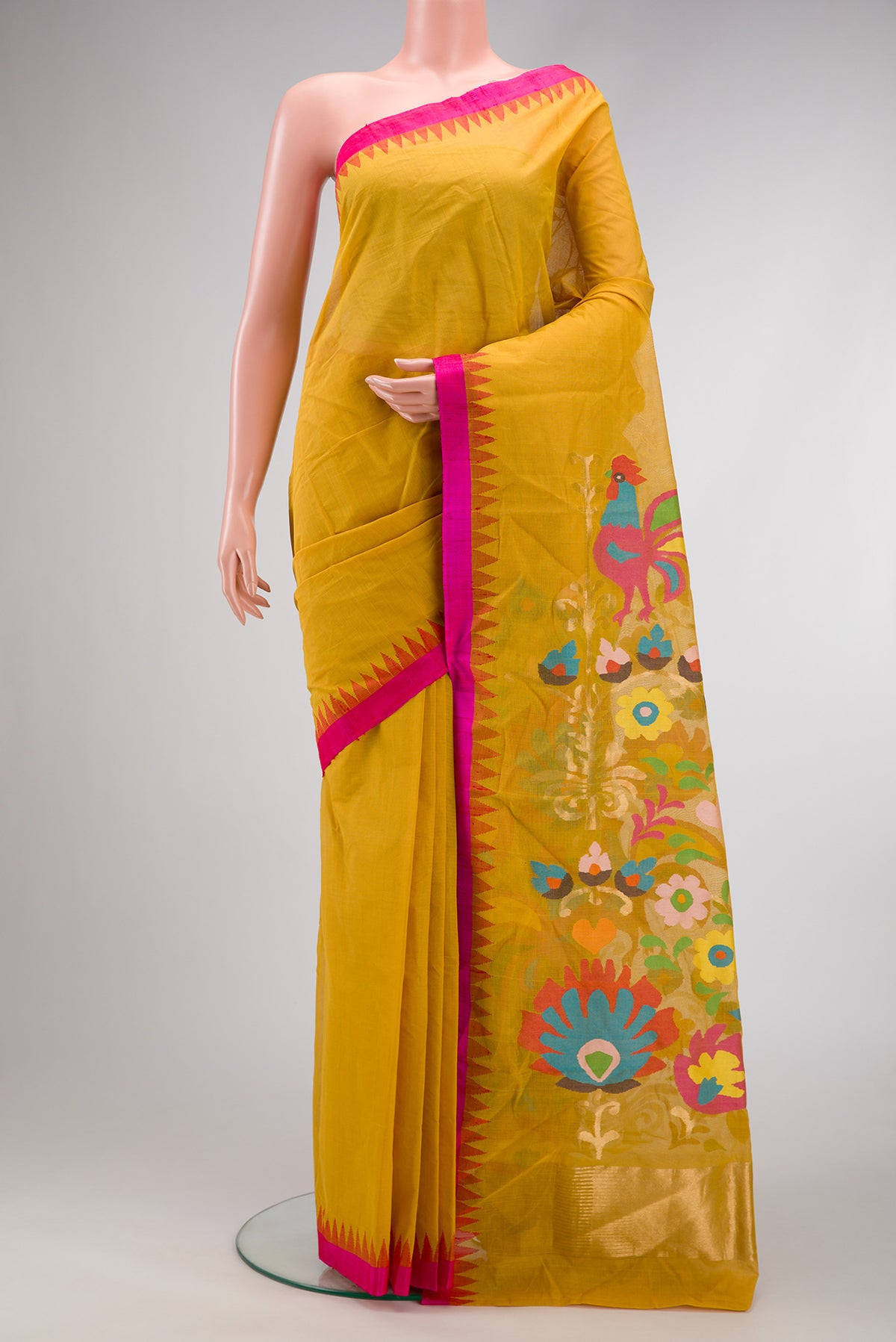 Mustard Dual Tone Kota Cotton Saree with Plain Body and Temple Border.  displayed on a mannequin