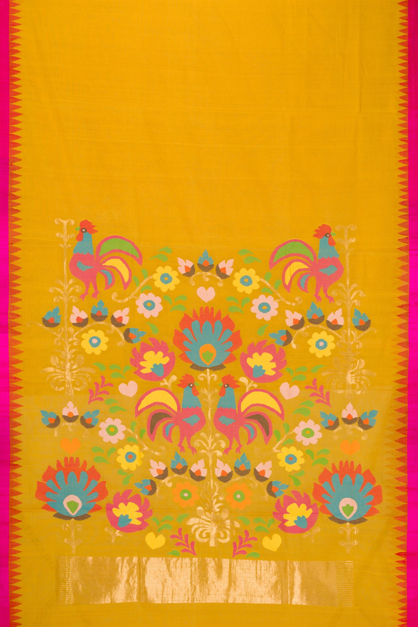Flat view of Mustard Dual Tone Kota Cotton Saree with Plain Body and Temple Border. 