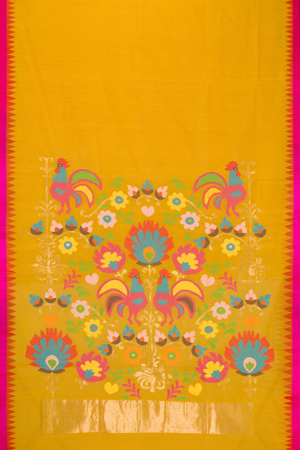 Flat view of Mustard Dual Tone Kota Cotton Saree with Plain Body and Temple Border. 