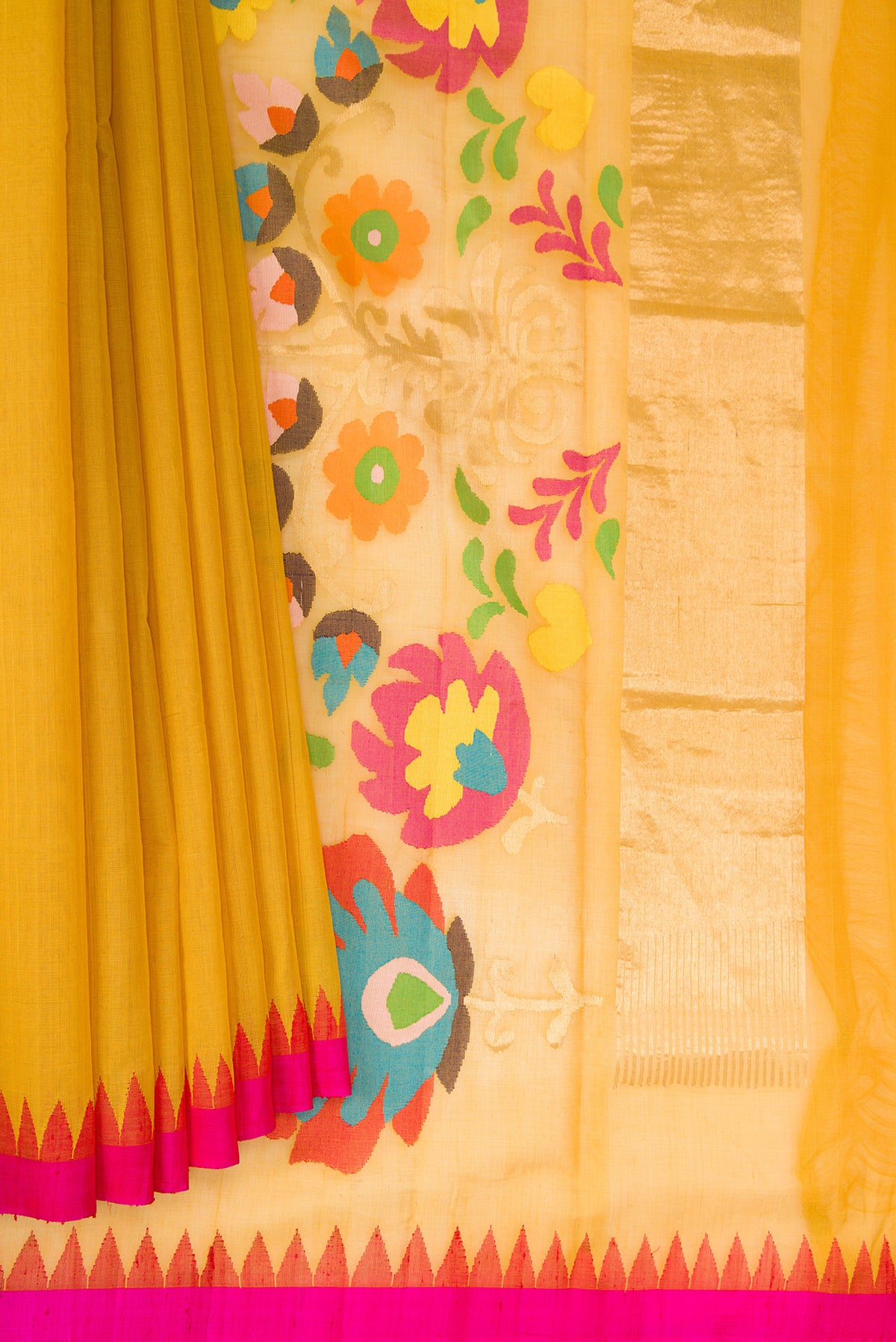 Pleats and pallu of Mustard Dual Tone Kota Cotton Saree with Plain Body and Temple Border. 