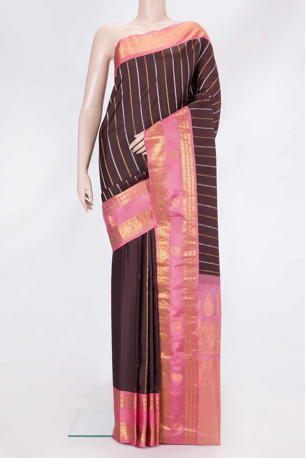 Brown Dual Tone Gadwal Silk Saree with Stripes on the body and Zari Border.  displayed on a mannequin