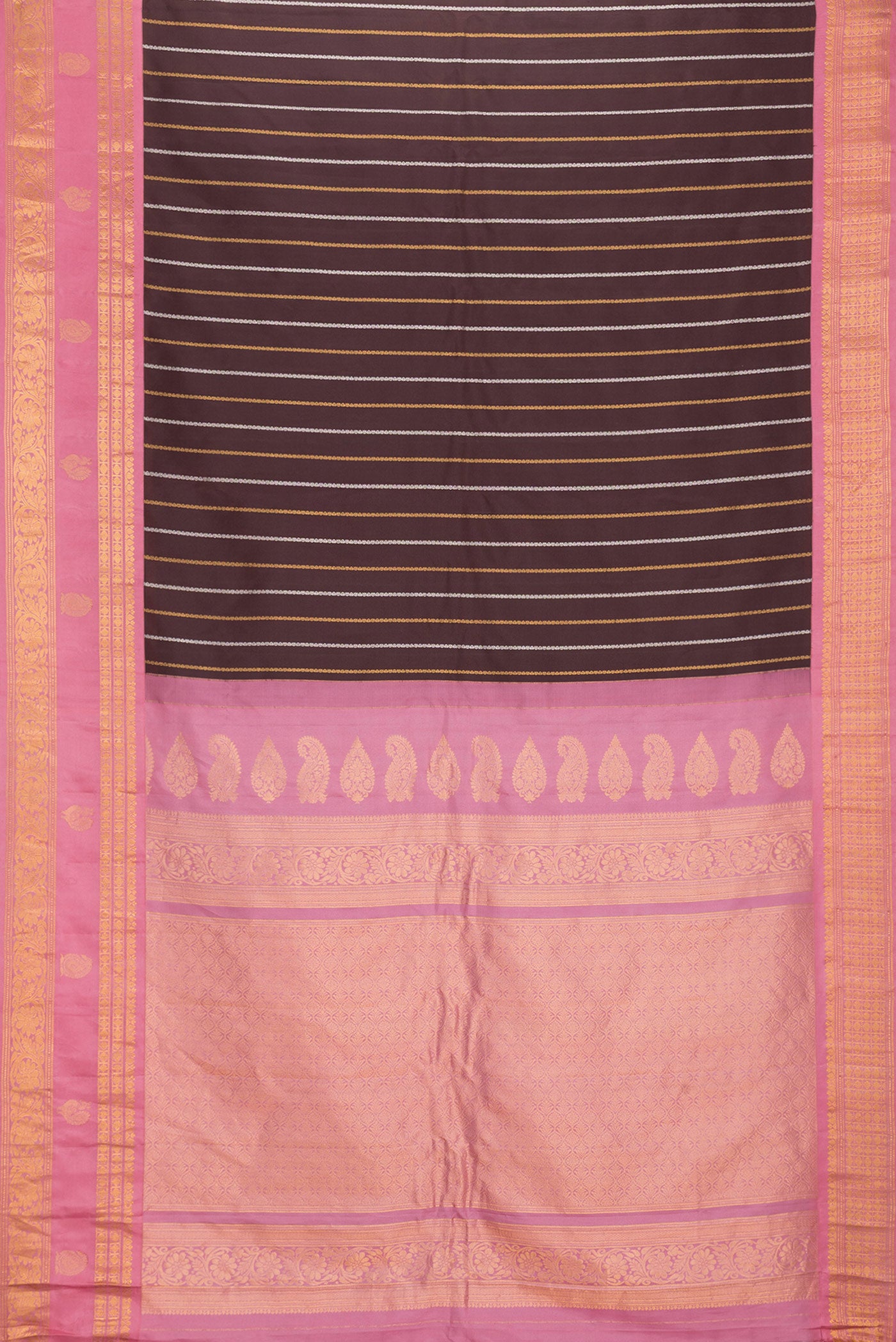 Flat view of Brown Dual Tone Gadwal Silk Saree with Stripes on the body and Zari Border. 