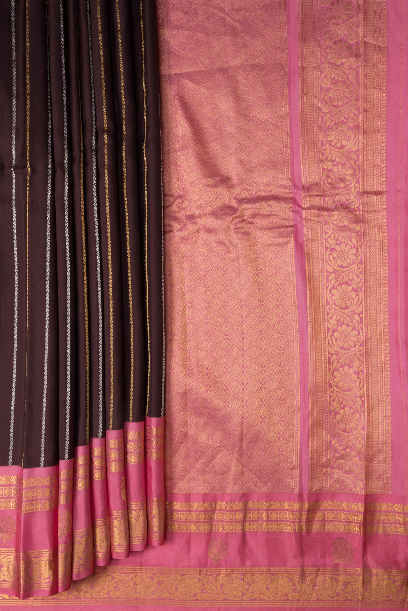Pleats and pallu of Brown Dual Tone Gadwal Silk Saree with Stripes on the body and Zari Border. 