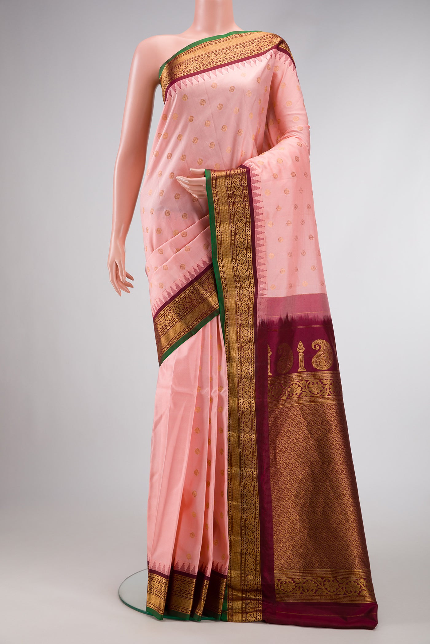 Pink Dual Tone Gadwal Silk Saree with Zari Butta on the body and Zari Border.  displayed on a mannequin