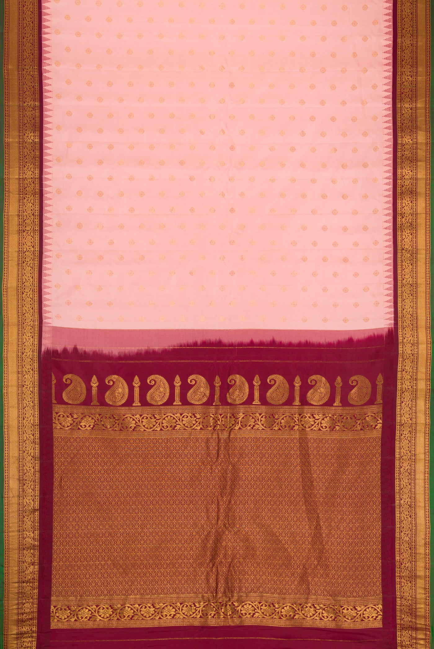 Flat view of Pink Dual Tone Gadwal Silk Saree with Zari Butta on the body and Zari Border. 