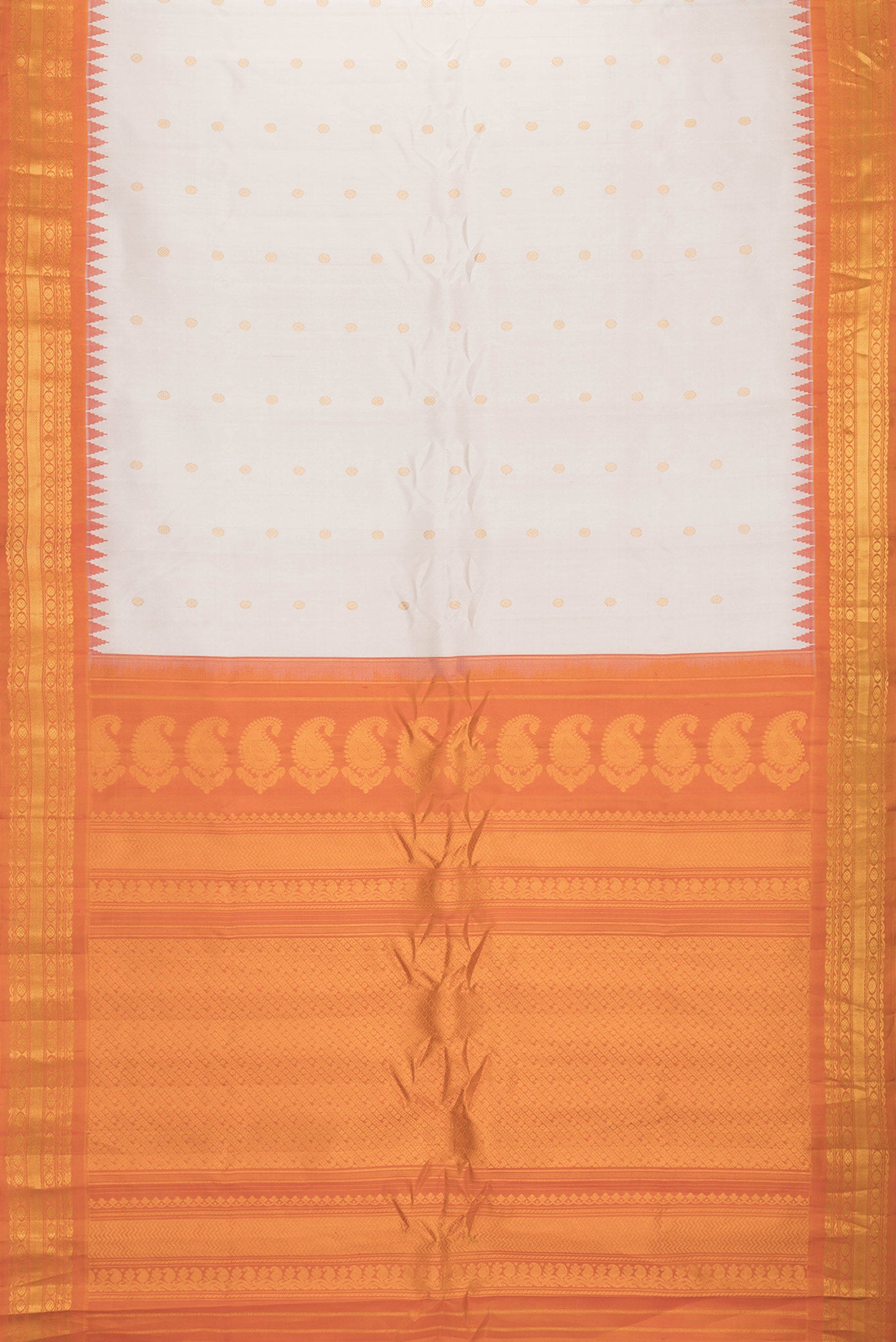 Flat view of Beige Dual Tone Gadwal Silk Saree with Zari Butta on the body and Zari Border. 