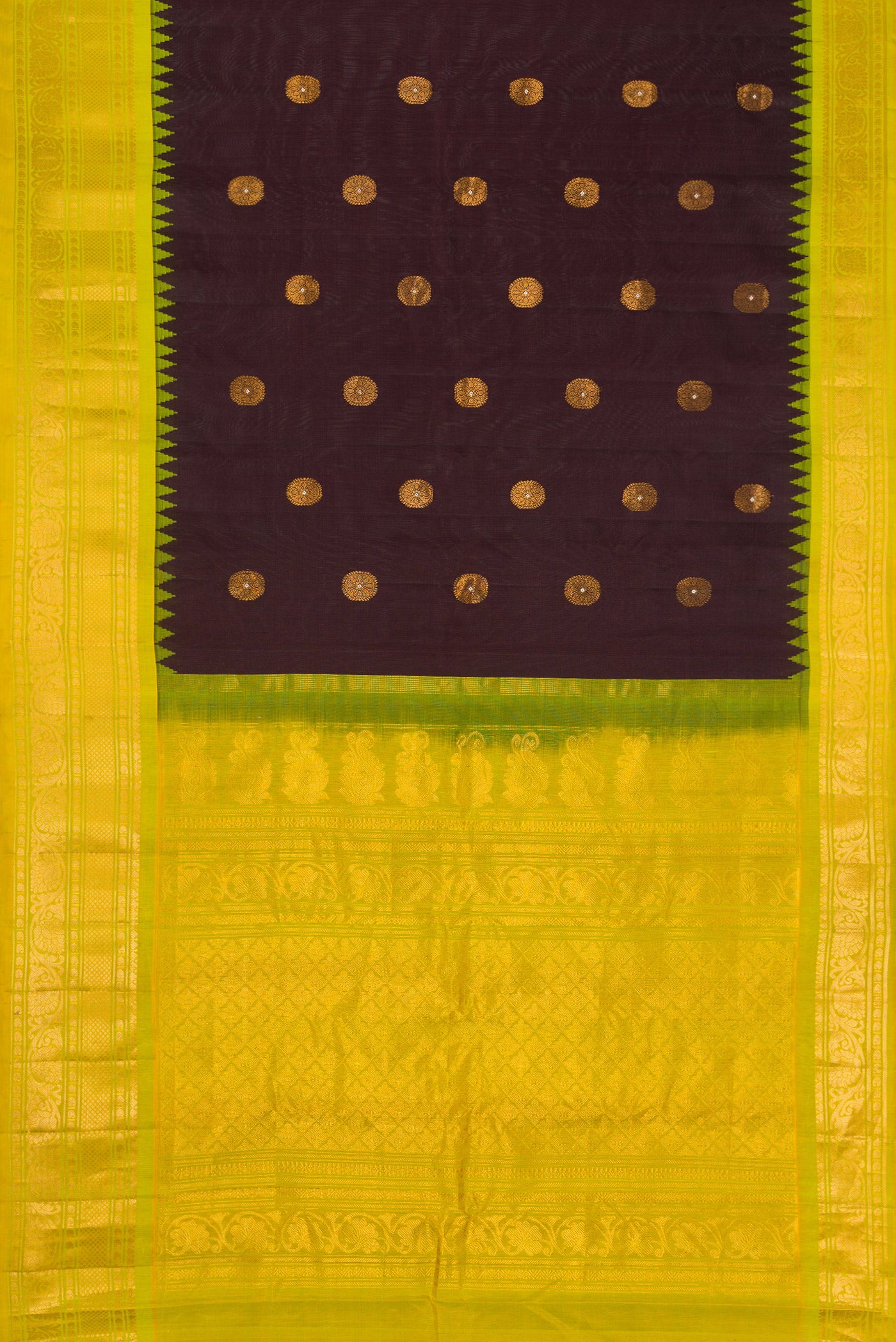 Flat view of Coffee Brown Dual Tone Gadwal Silk Saree with Zari And Thread Butta on the body and Zari Border. 
