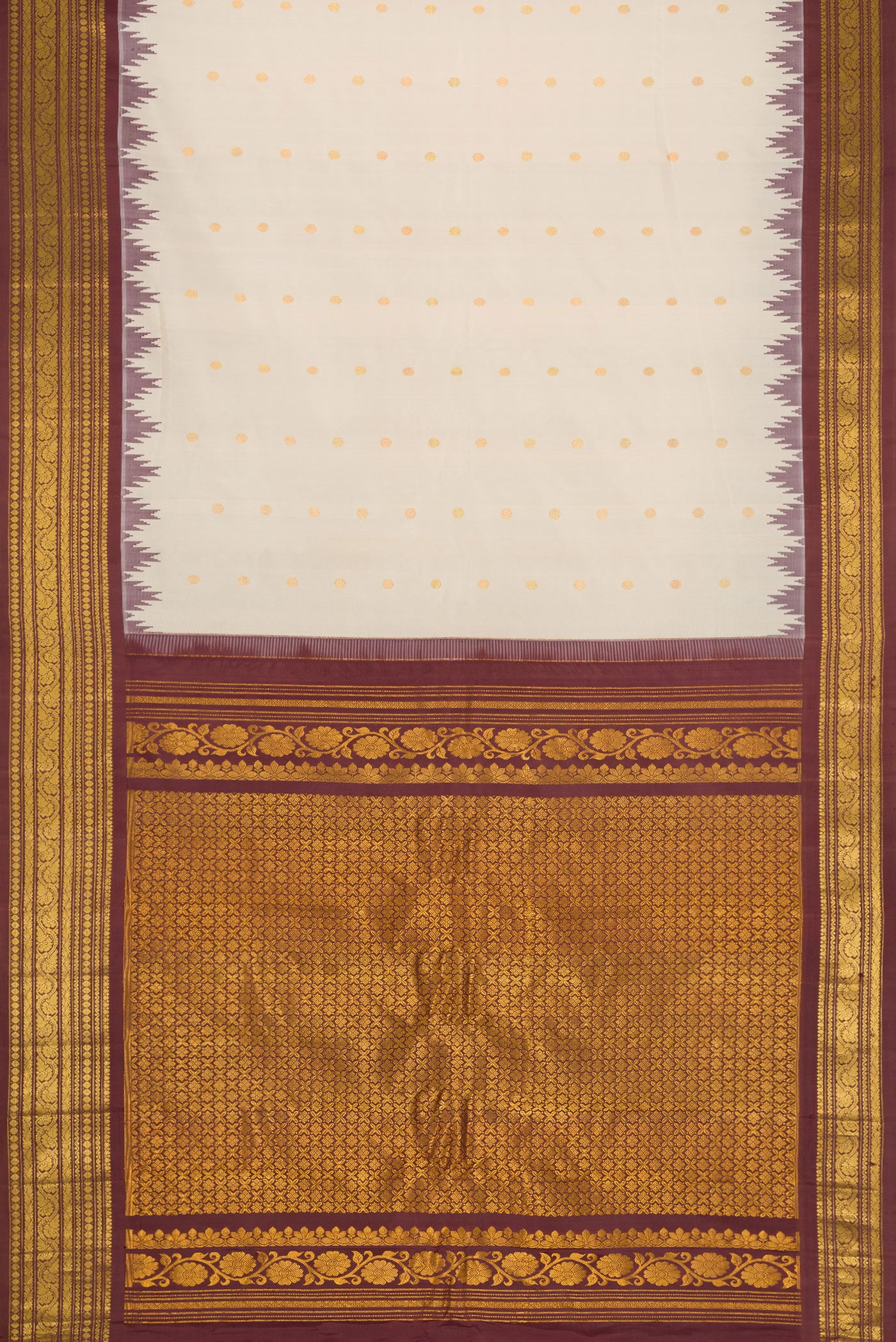 Flat view of Beige Dual Tone Gadwal Silk Saree with Zari Butta on the body and Zari Border. 