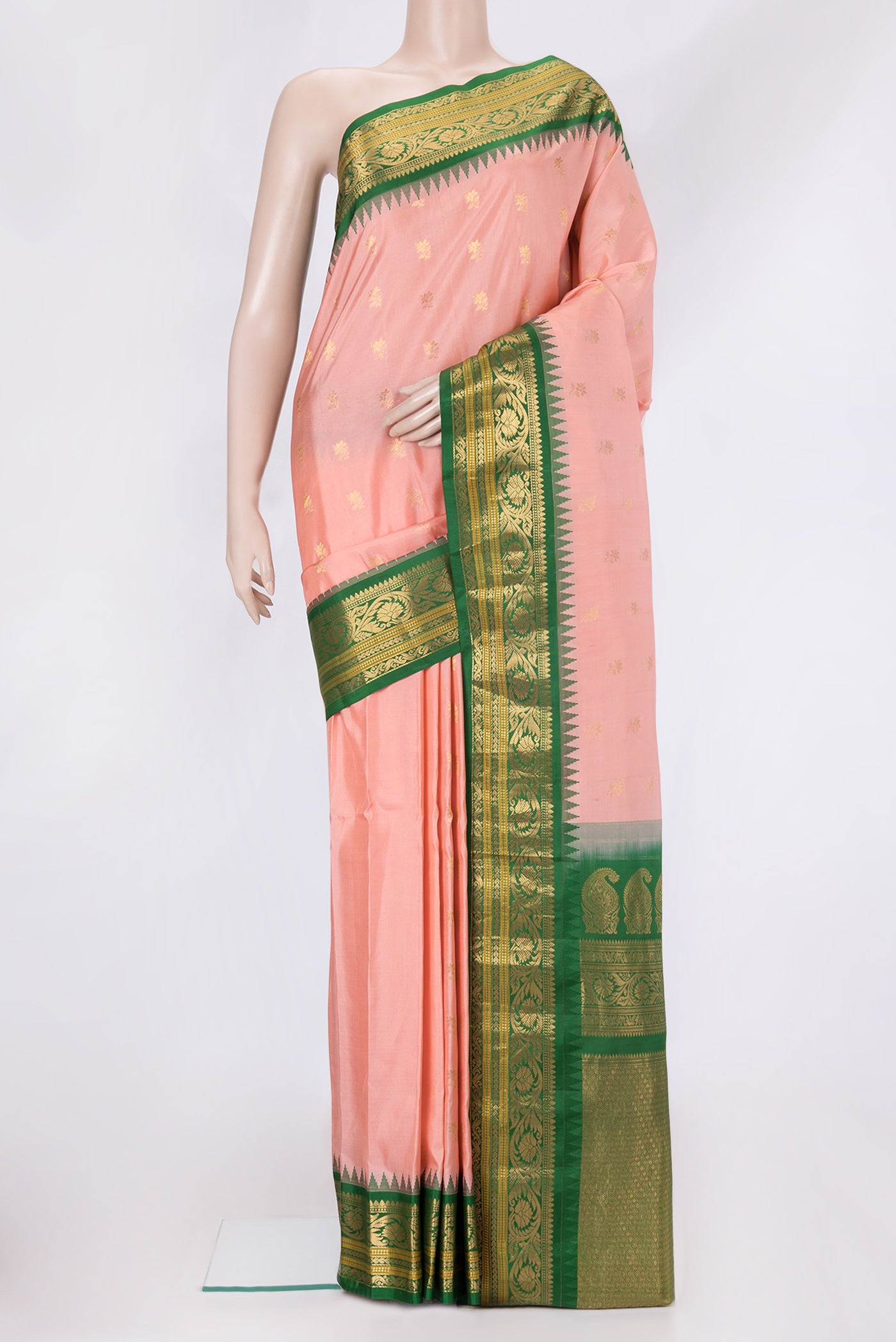 Pink Dual Tone Gadwal Silk Saree with Plain Body and Zari Border.  displayed on a mannequin