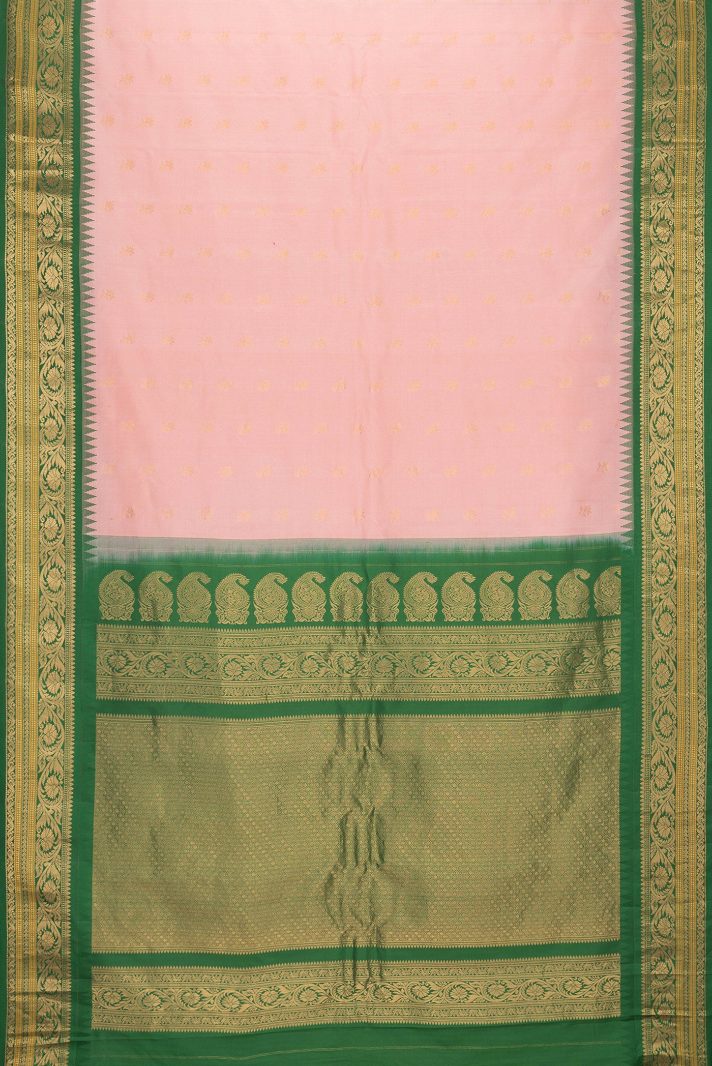 Flat view of Pink Dual Tone Gadwal Silk Saree with Plain Body and Zari Border. 