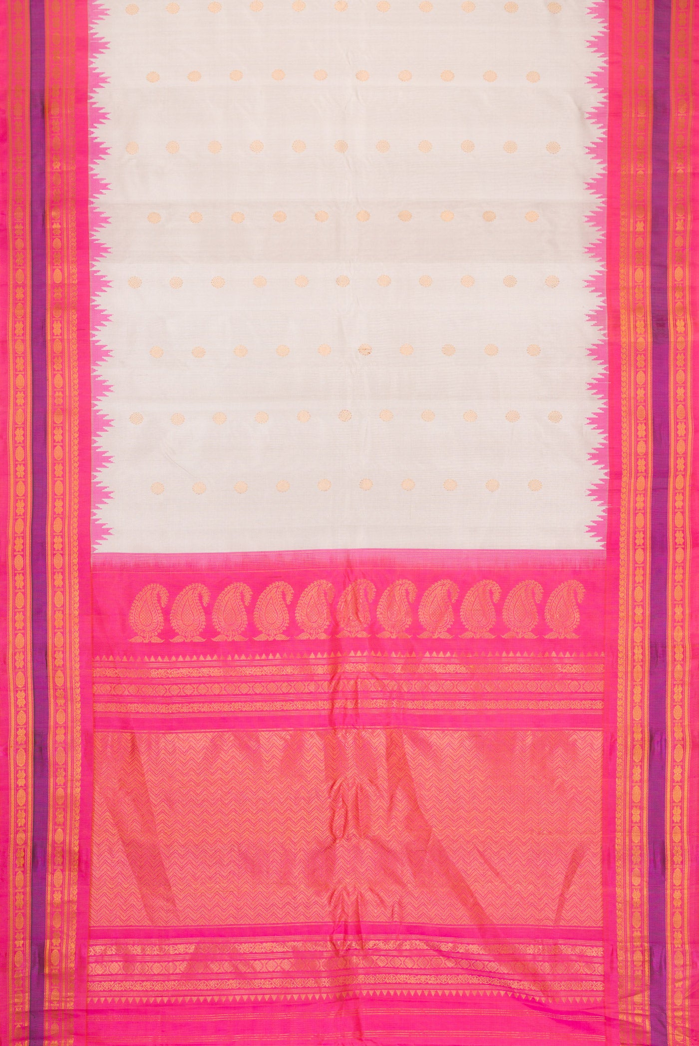 Flat view of Beige Dual Tone Gadwal Silk Saree with Zari Butta on the body and Zari Border. 