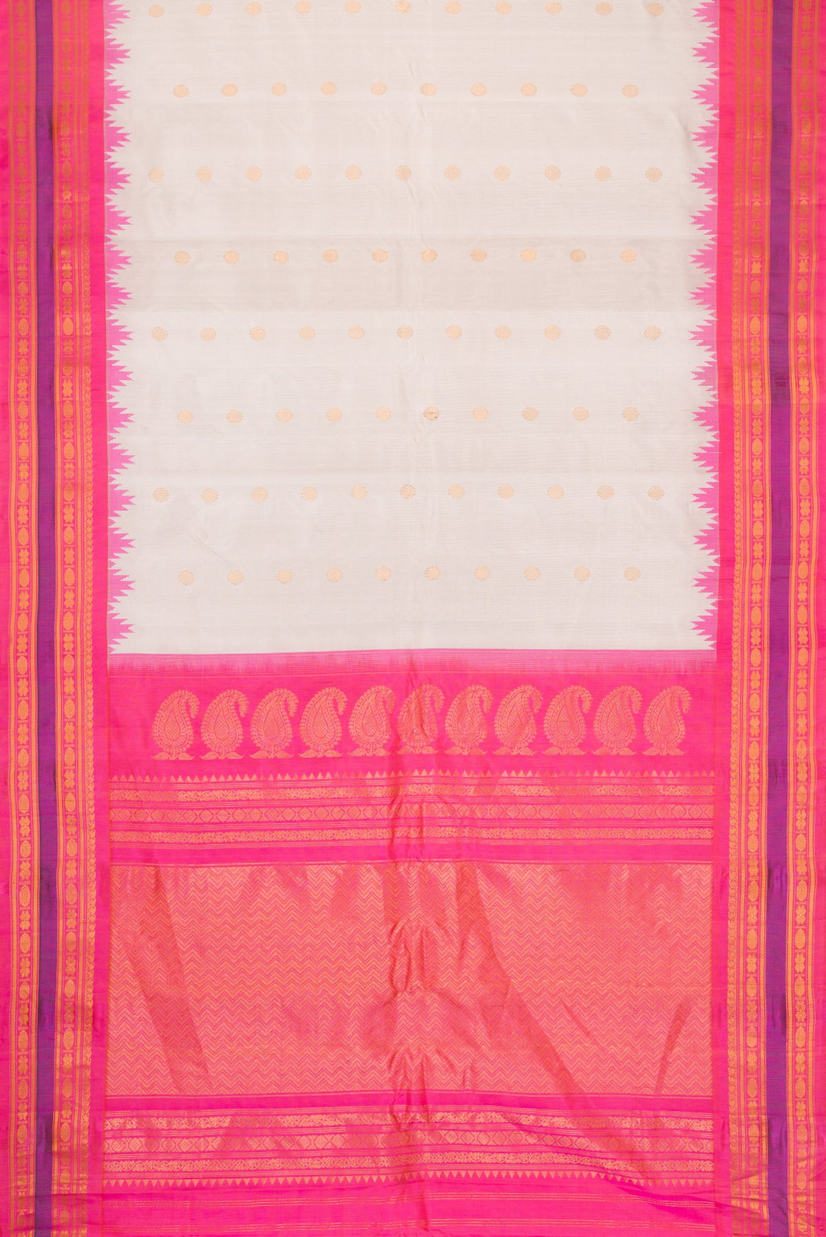 Flat view of Beige Dual Tone Gadwal Silk Saree with Zari Butta on the body and Zari Border. 