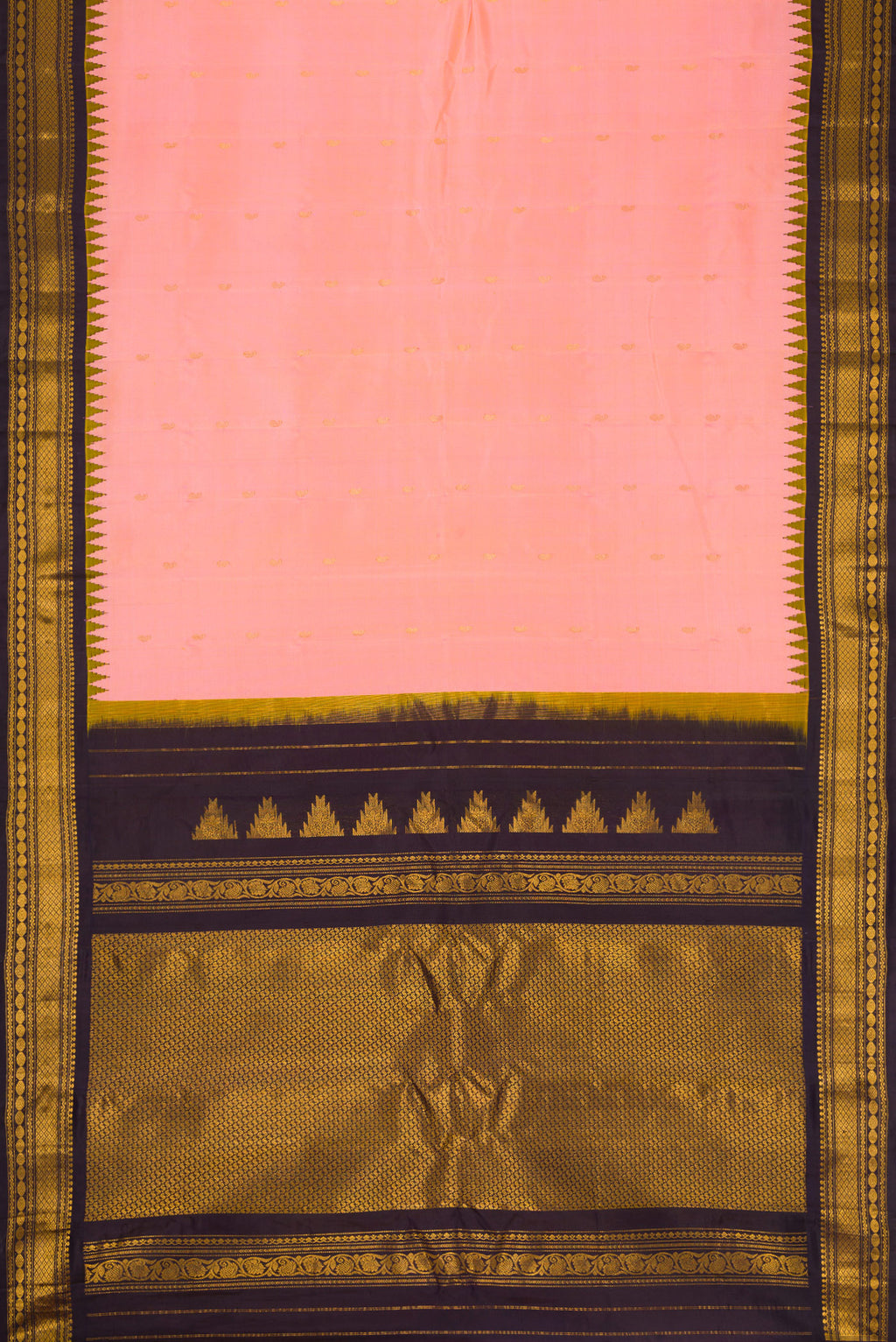 Flat view of Coral Dual Tone Gadwal Silk Saree with Zari Butta on the body and Zari Border. 