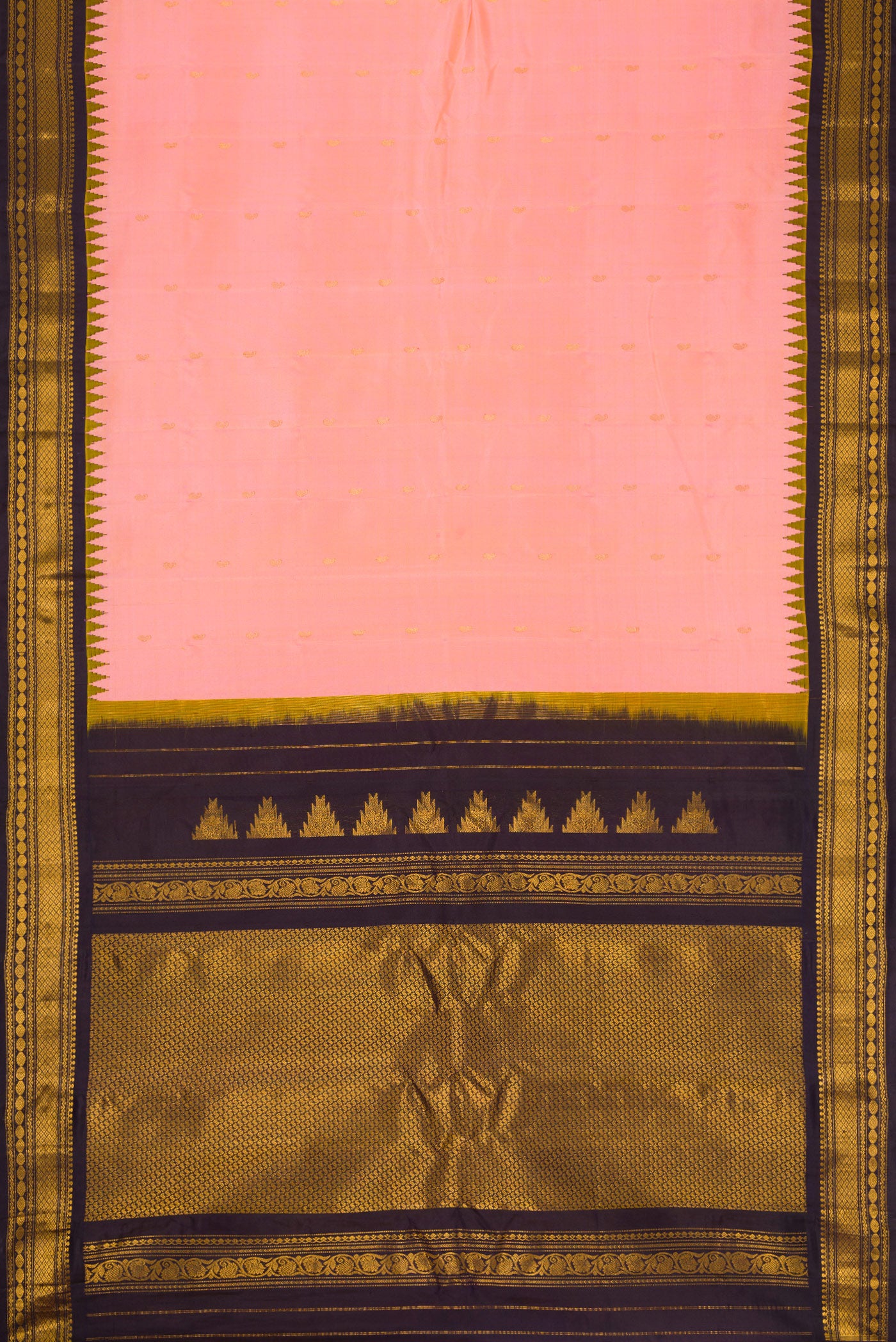 Flat view of Coral Dual Tone Gadwal Silk Saree with Zari Butta on the body and Zari Border. 