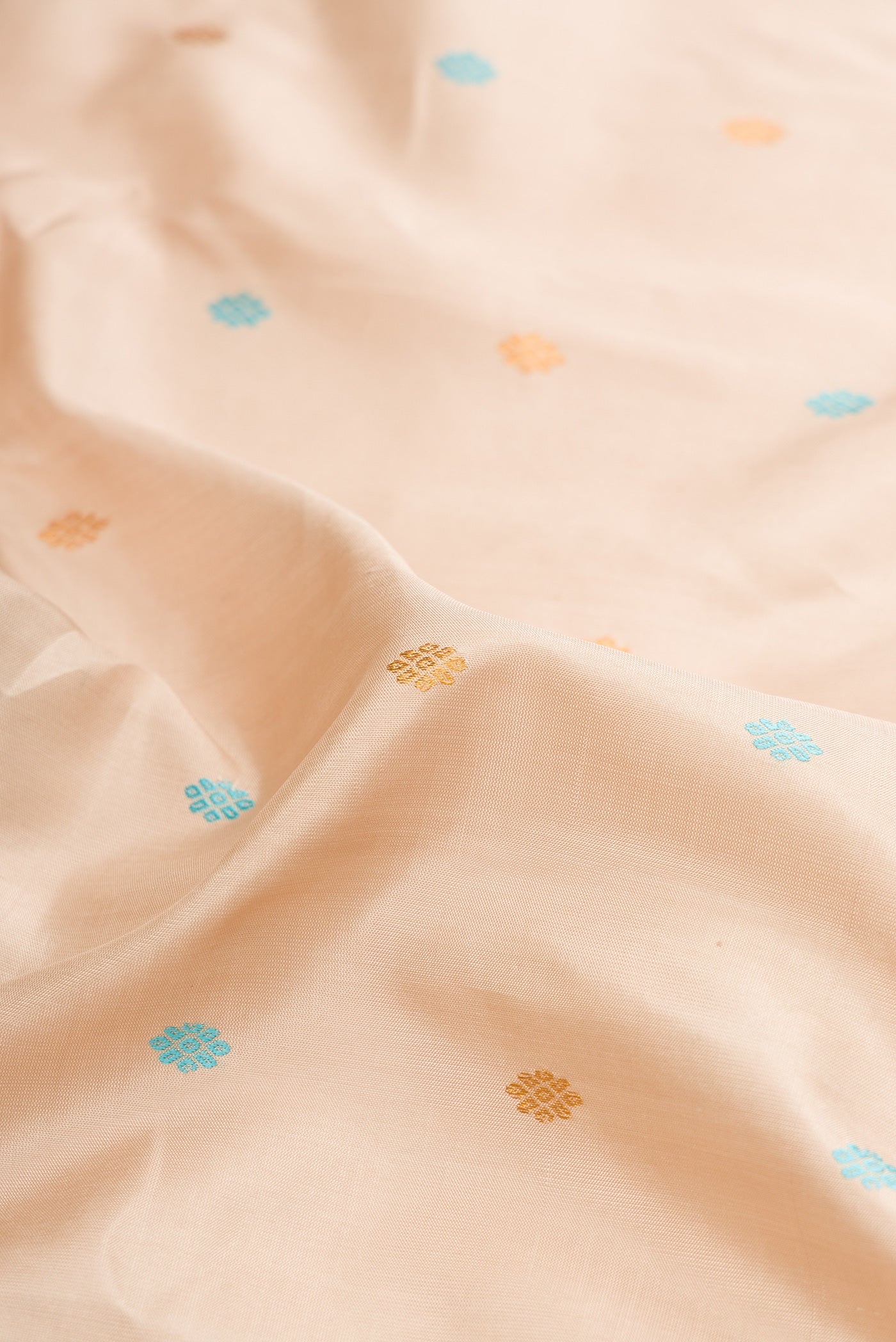 Close up of Dark Beige Dual Tone Gadwal Silk Saree with Zari And Thread Butta on the body and Zari Border.  displaying folds