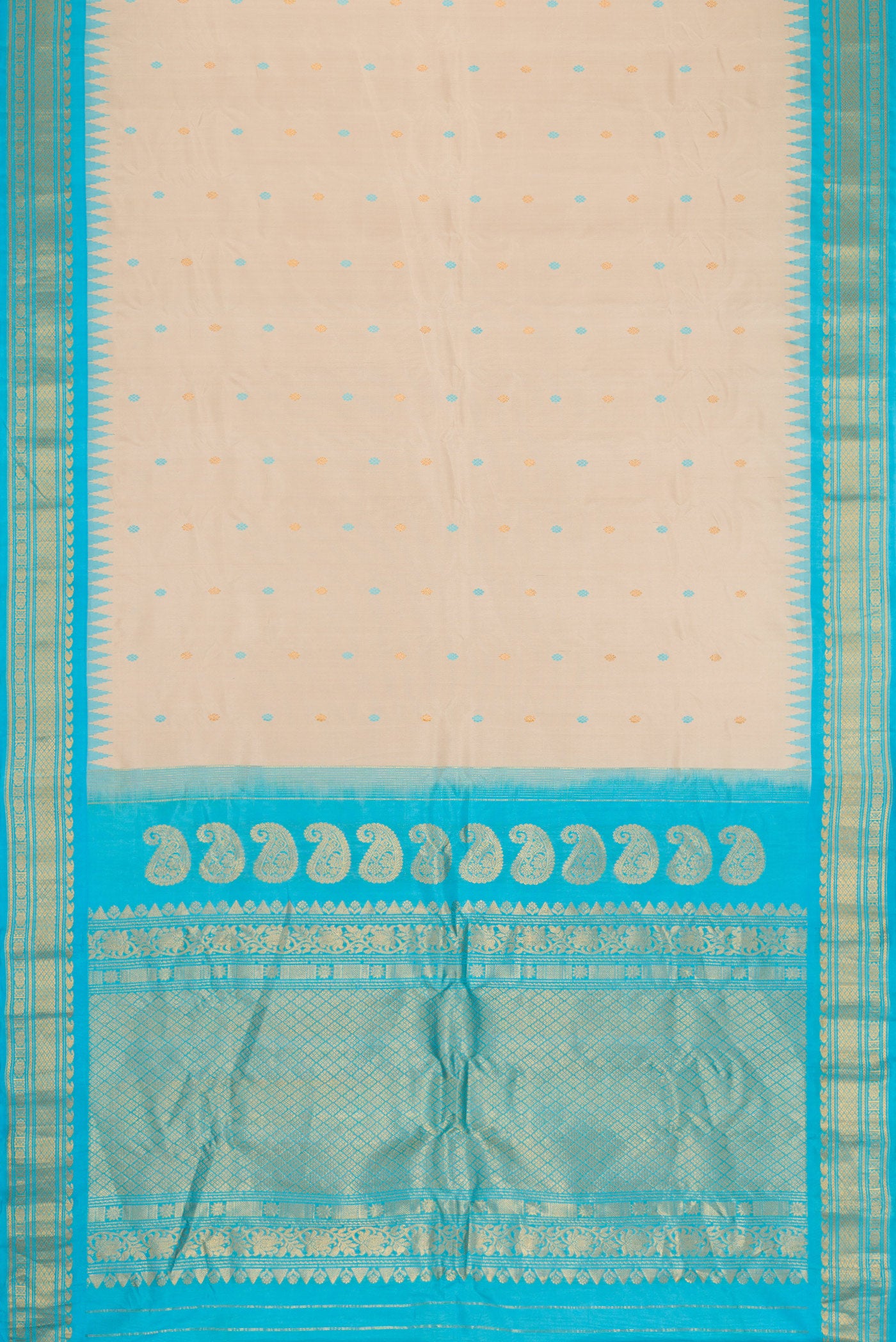 Flat view of Dark Beige Dual Tone Gadwal Silk Saree with Zari And Thread Butta on the body and Zari Border. 