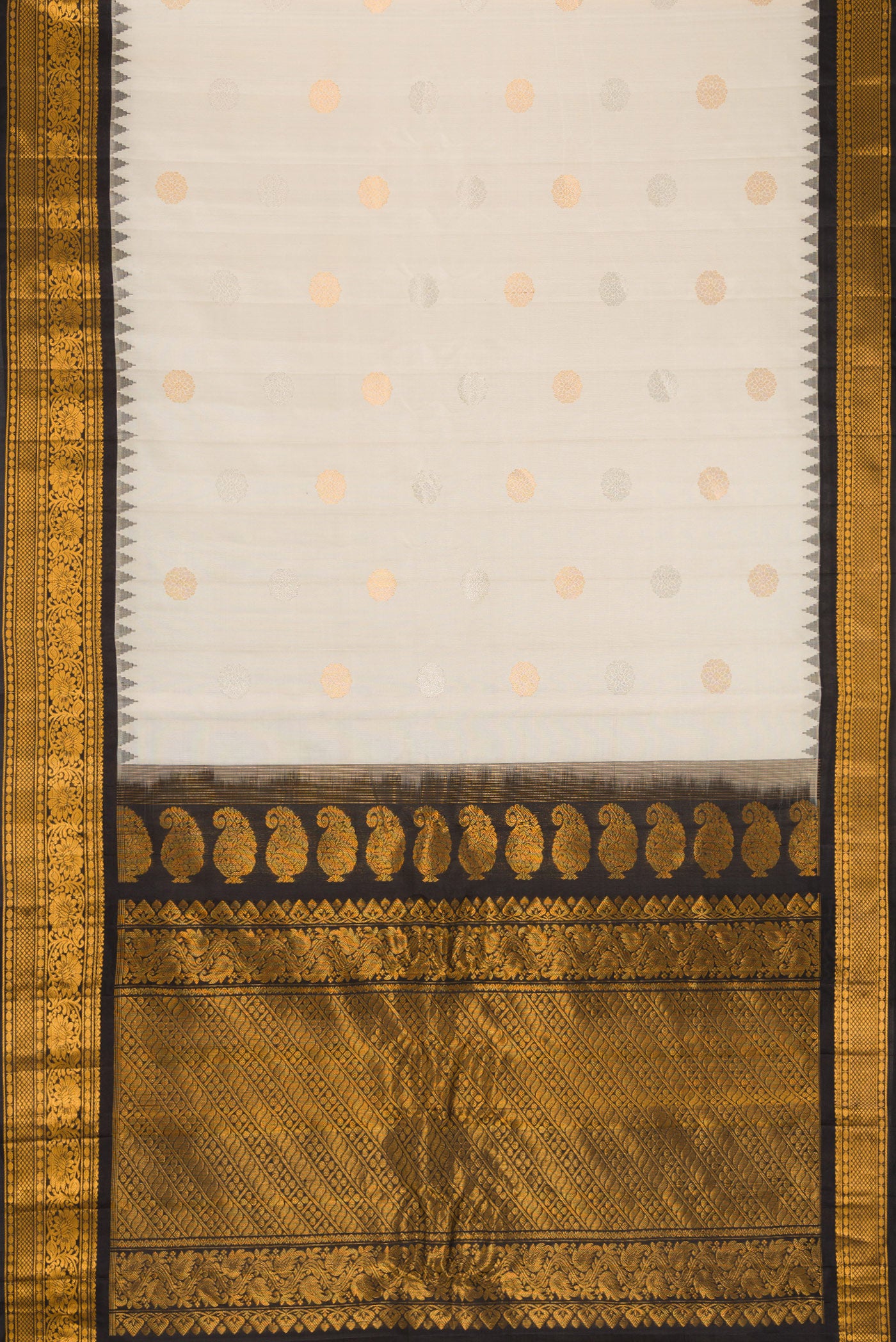 Flat view of Beige Dual Tone Gadwal Silk Saree with Zari Butta on the body and Zari Border. 