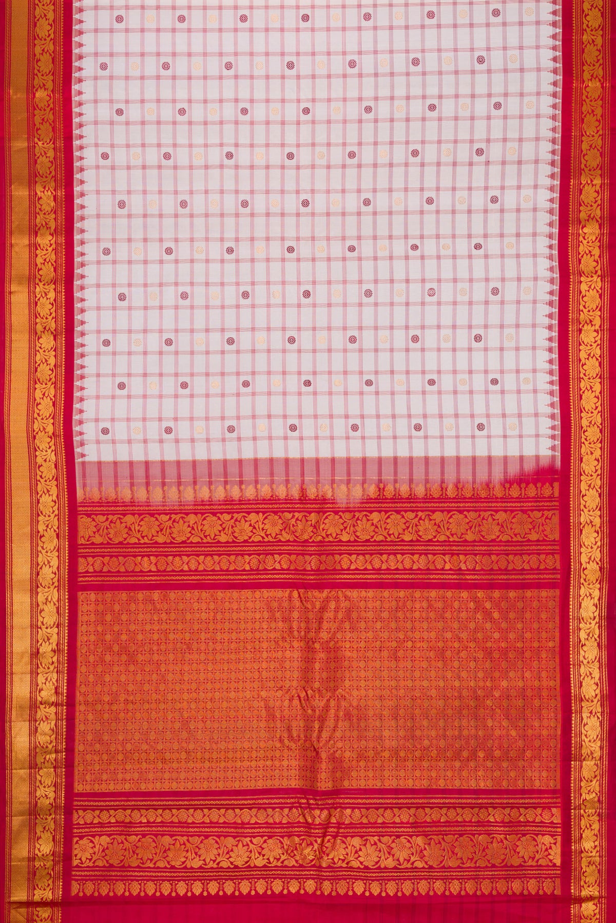 Flat view of Off White Dual Tone Gadwal Silk Saree with Checked design on the body and Zari Border. 