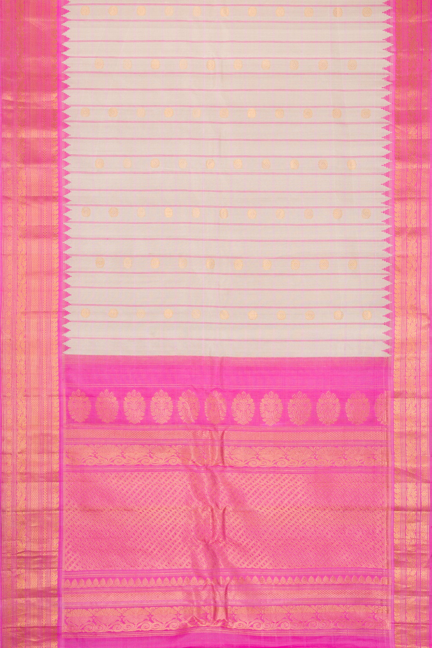 Flat view of Beige Dual Tone Gadwal Silk Saree with Checked design on the body and Zari Border. 