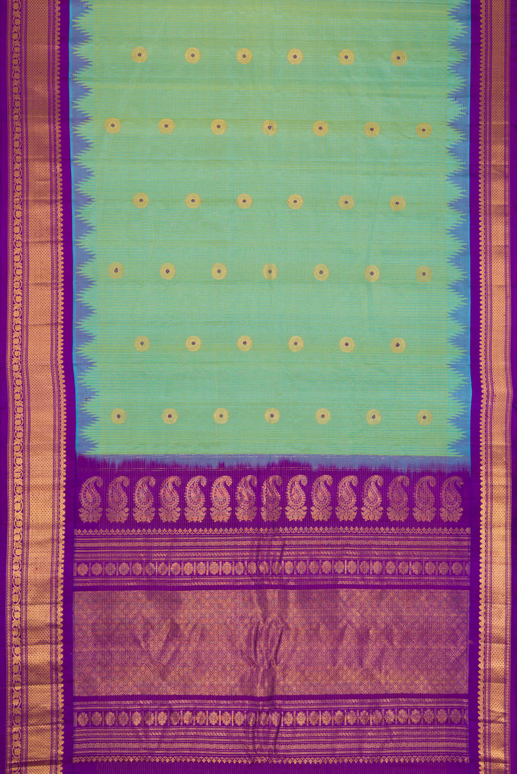 Flat view of Light Green Dual Tone Gadwal Silk Saree with Zari And Thread Butta on the body and Zari Border. 
