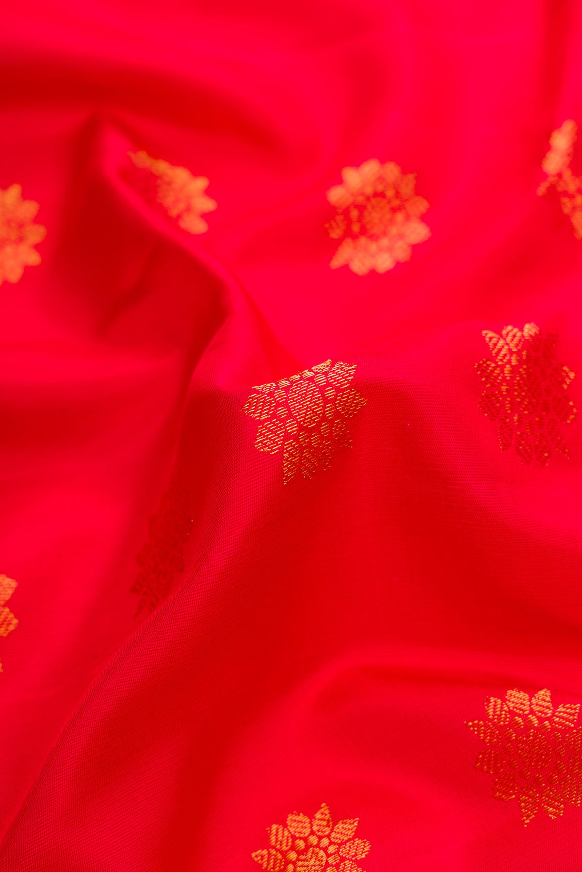 Close up of Red Dual Tone Gadwal Silk Saree with Zari Butta on the body and Zari Border.  displaying folds