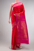 Red Dual Tone Gadwal Silk Saree with Zari Butta on the body and Zari Border.  displayed on a mannequin