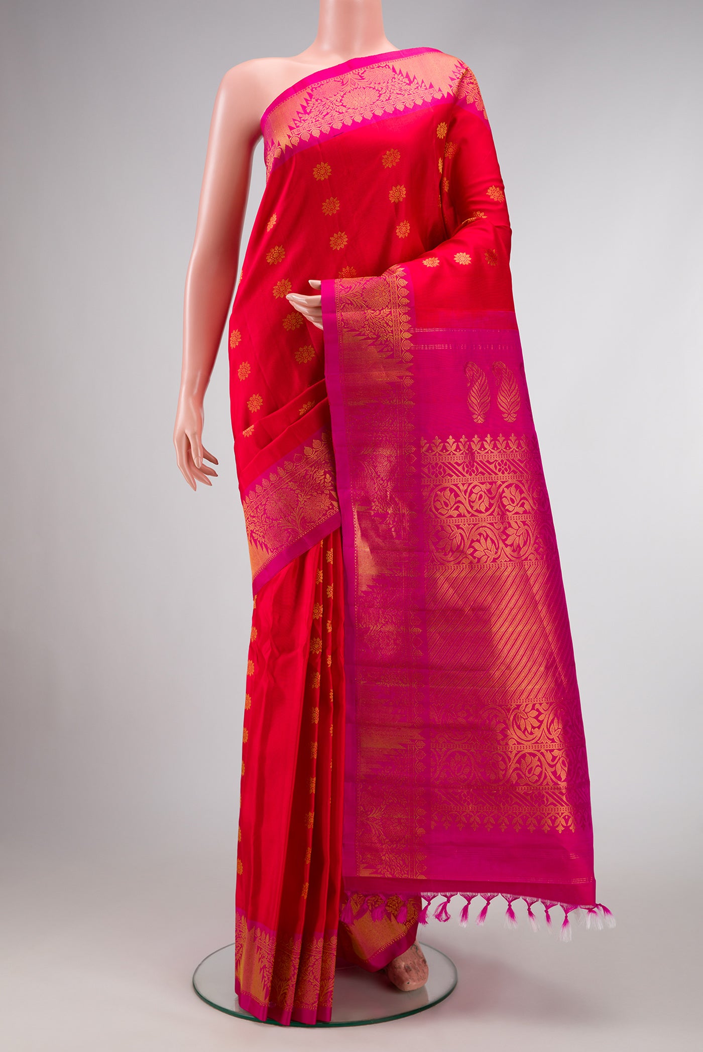 Red Dual Tone Gadwal Silk Saree with Zari Butta on the body and Zari Border.  displayed on a mannequin