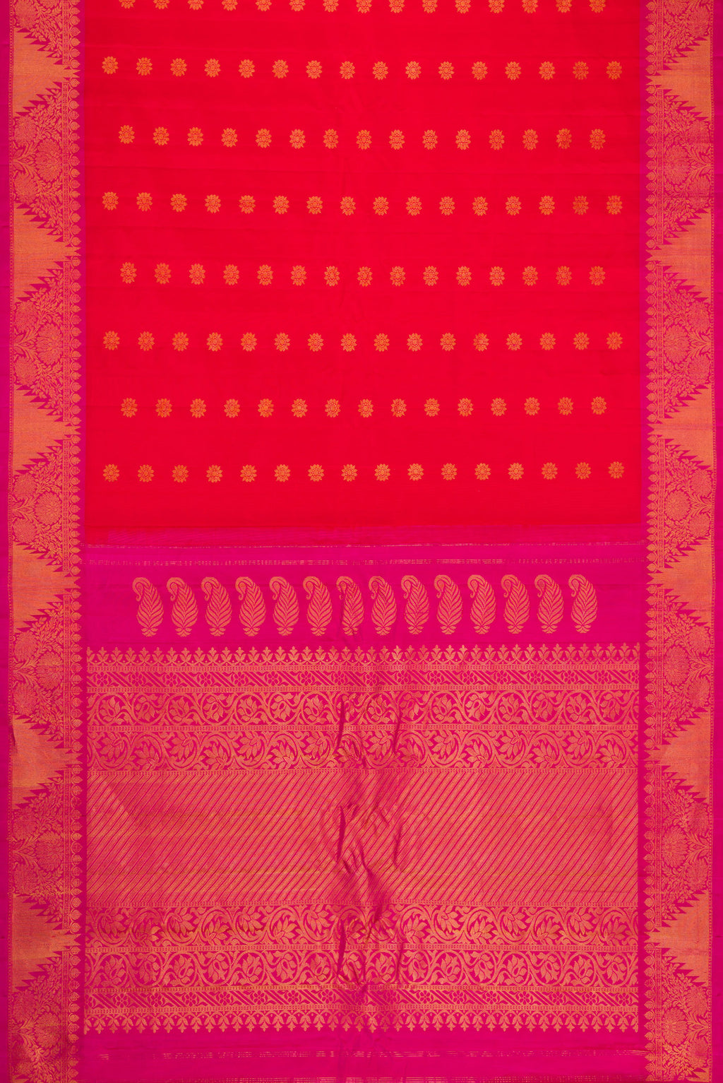 Flat view of Red Dual Tone Gadwal Silk Saree with Zari Butta on the body and Zari Border. 