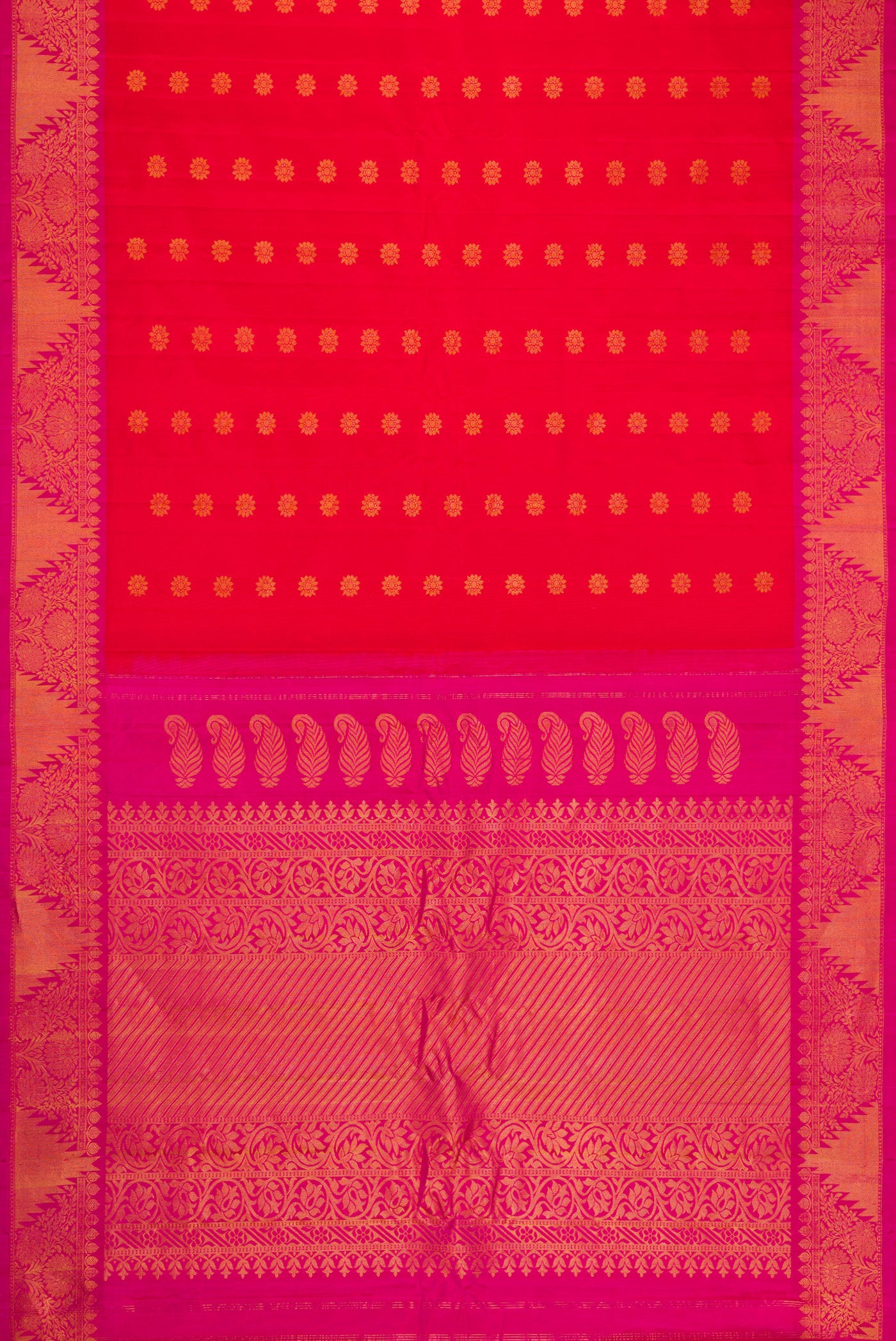 Flat view of Red Dual Tone Gadwal Silk Saree with Zari Butta on the body and Zari Border. 