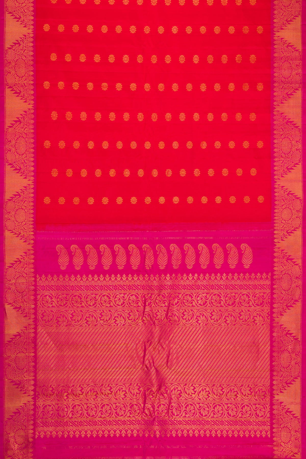 Flat view of Red Dual Tone Gadwal Silk Saree with Zari Butta on the body and Zari Border. 