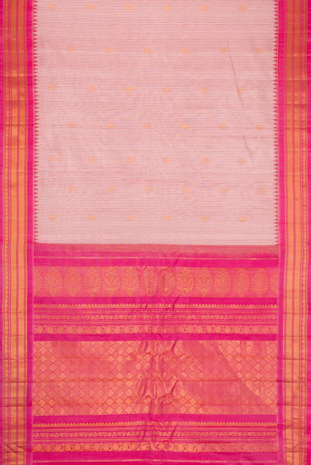 Flat view of Rose pink Dual Tone Gadwal Silk Saree with Stripes on the body and Zari Border. 