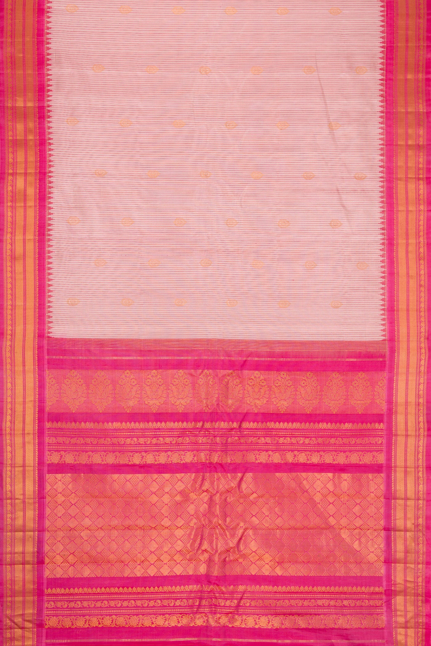 Flat view of Rose pink Dual Tone Gadwal Silk Saree with Stripes on the body and Zari Border. 