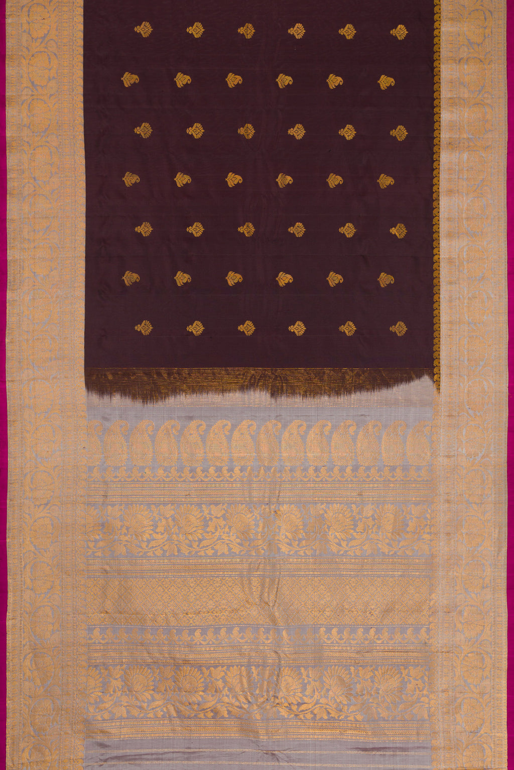 Flat view of Coffee Brown Dual Tone Gadwal Silk Saree with Zari Butta on the body and Zari Border. 
