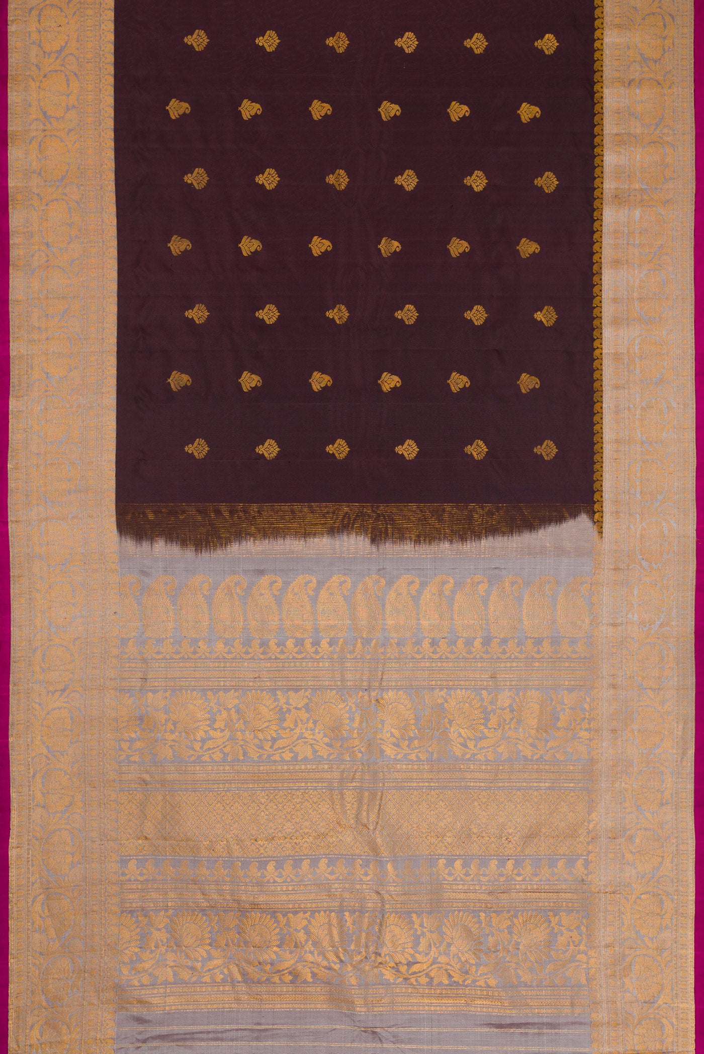 Flat view of Coffee Brown Dual Tone Gadwal Silk Saree with Zari Butta on the body and Zari Border. 