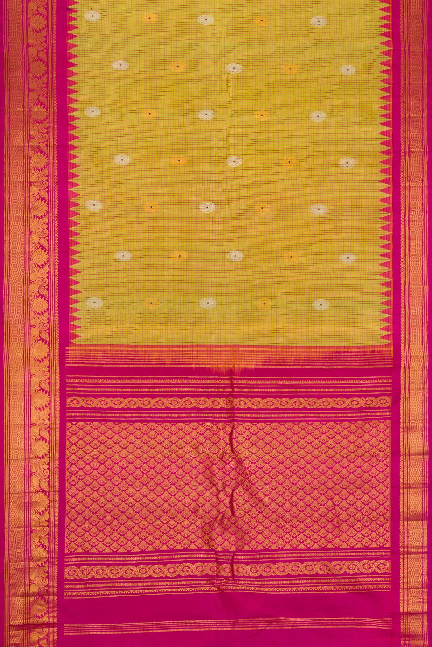 Flat view of Mehandi Green Dual Tone Gadwal Silk Saree with Zari And Thread Butta on the body and Zari Border. 