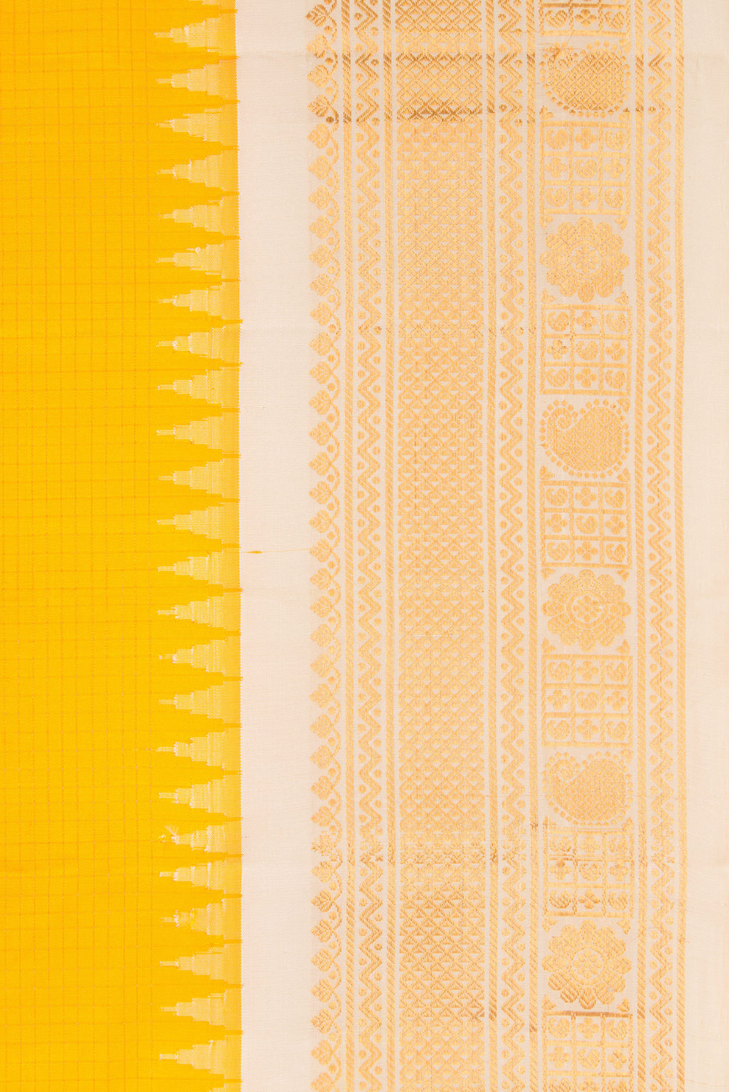 Border image of Yellow Dual Tone Gadwal Silk Saree with Zari Butta on the body and Zari Border. 
