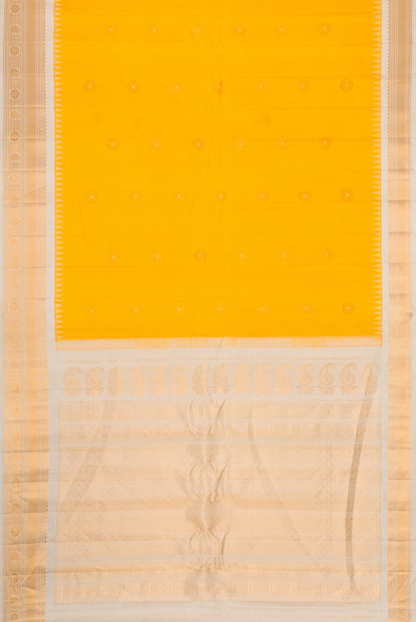 Flat view of Yellow Dual Tone Gadwal Silk Saree with Zari Butta on the body and Zari Border. 