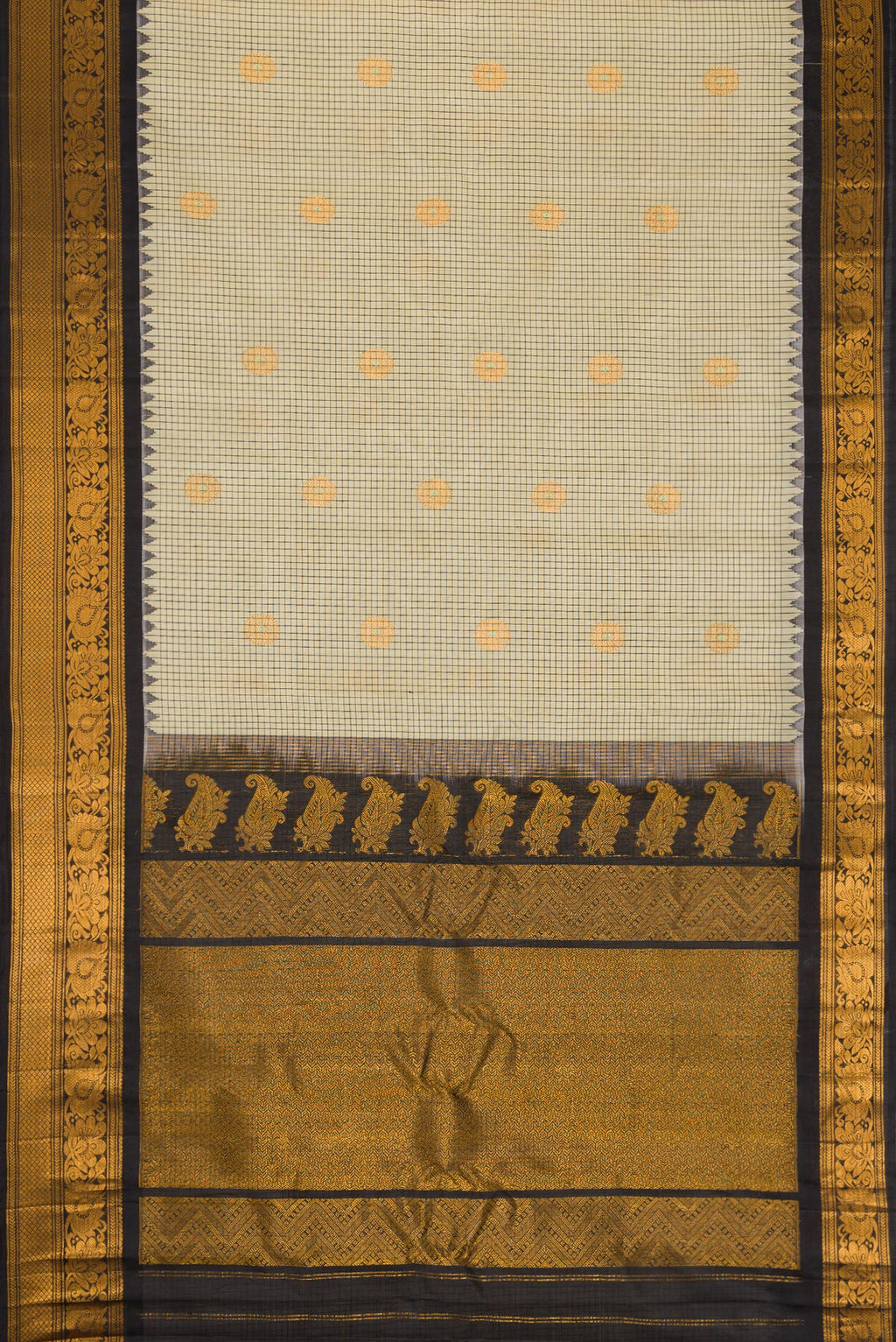 Flat view of Sandal Dual Tone Gadwal Silk Saree with Checked design on the body and Zari Border. 